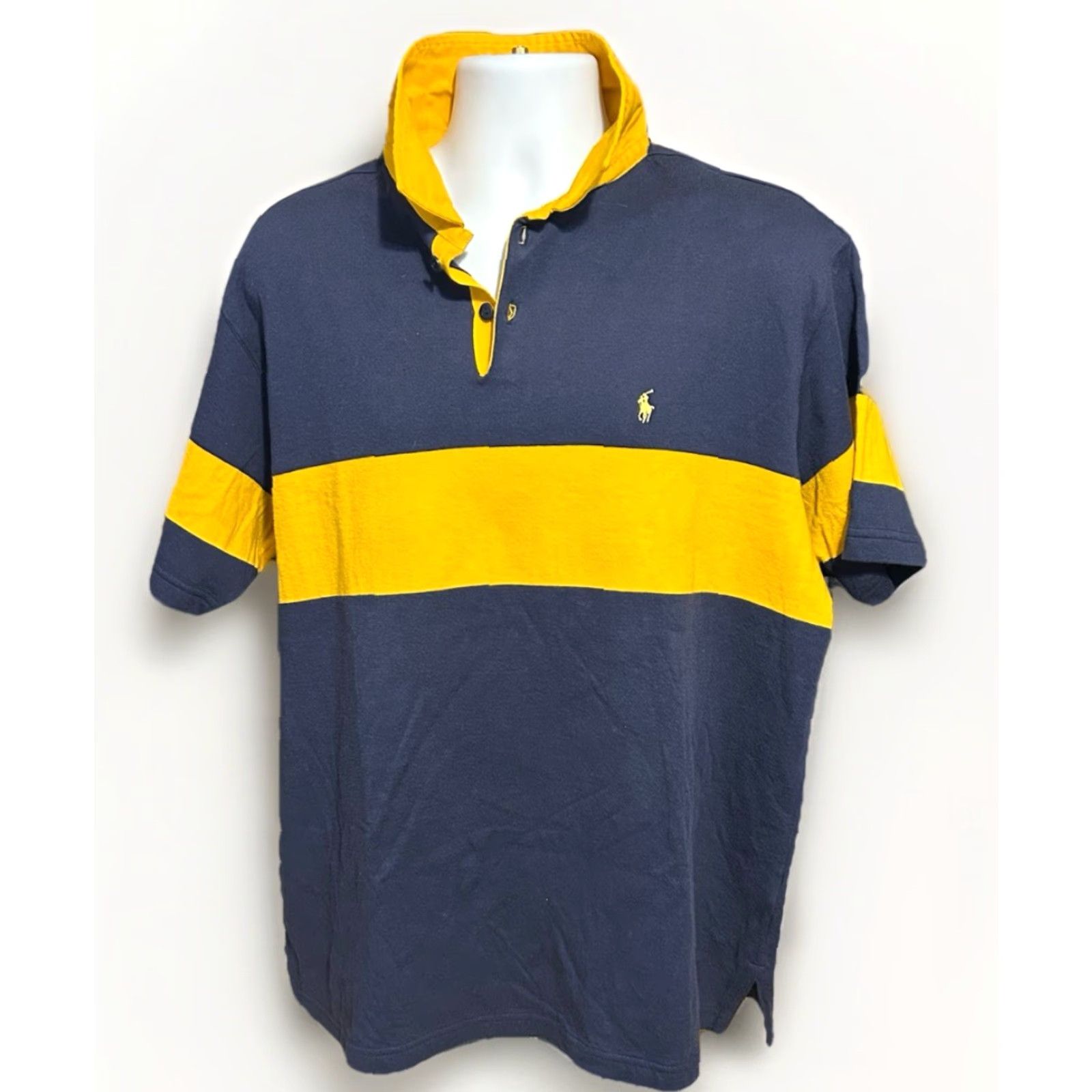 Polo Ralph Lauren VTG Polo Ralph Lauren Polo Shirt Men XL Navy Blue Yellow Stripe Pony Chest Size US XL / EU 56 / 4 - 3 Thumbnail