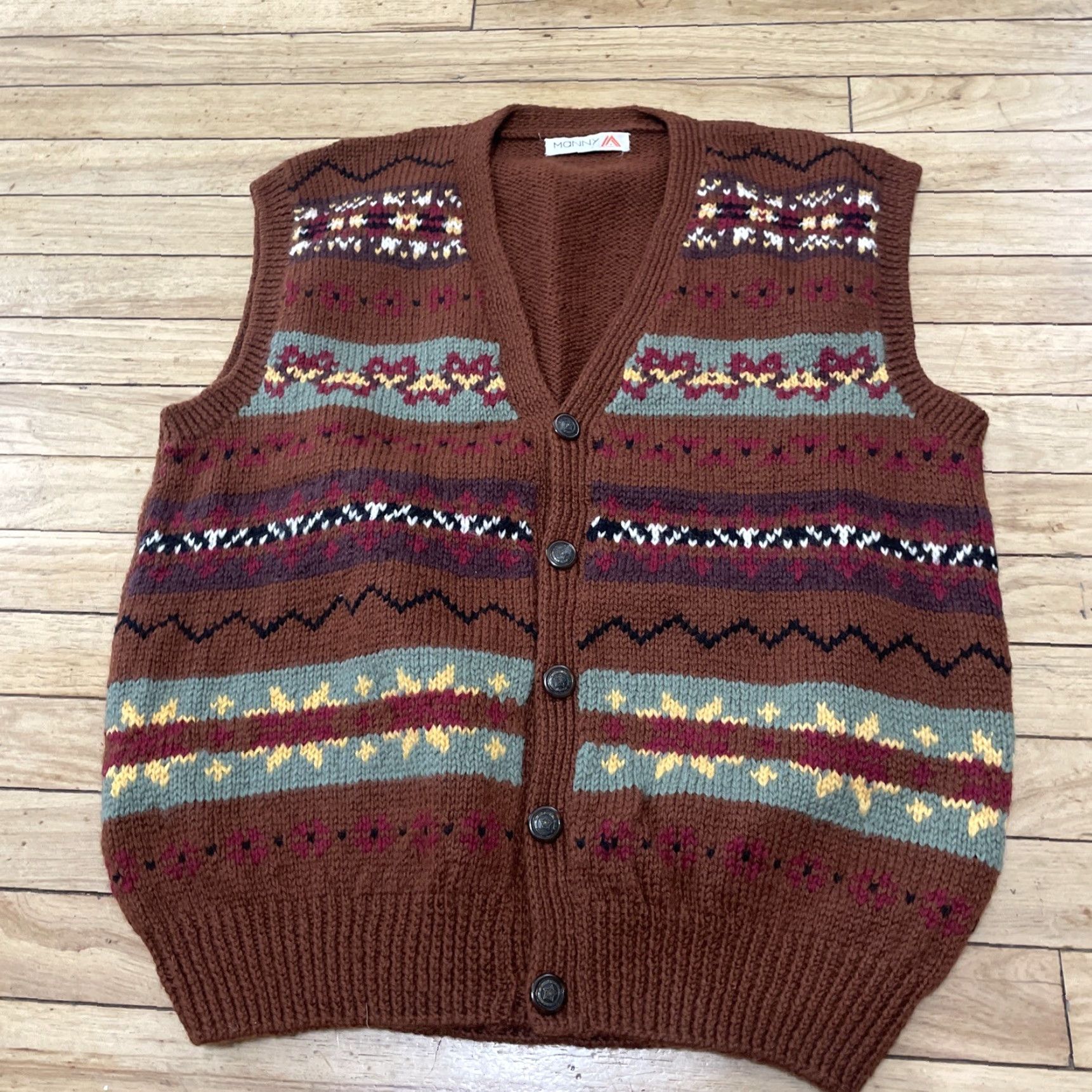 Vintage Manny Aztec Print Knit Vest Men M Brown Green Red Preppy Western Cardigan 42" Size US M / EU 48-50 / 2 - 2 Thumbnail