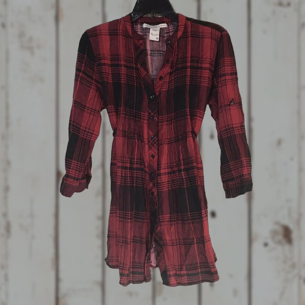 Vintage American Rag 3/4 Sleeve Plaid Button-Up Tunic Women’s M Red/Black Casual Size M / US 6-8 / IT 42-44 - 1 Thumbnail