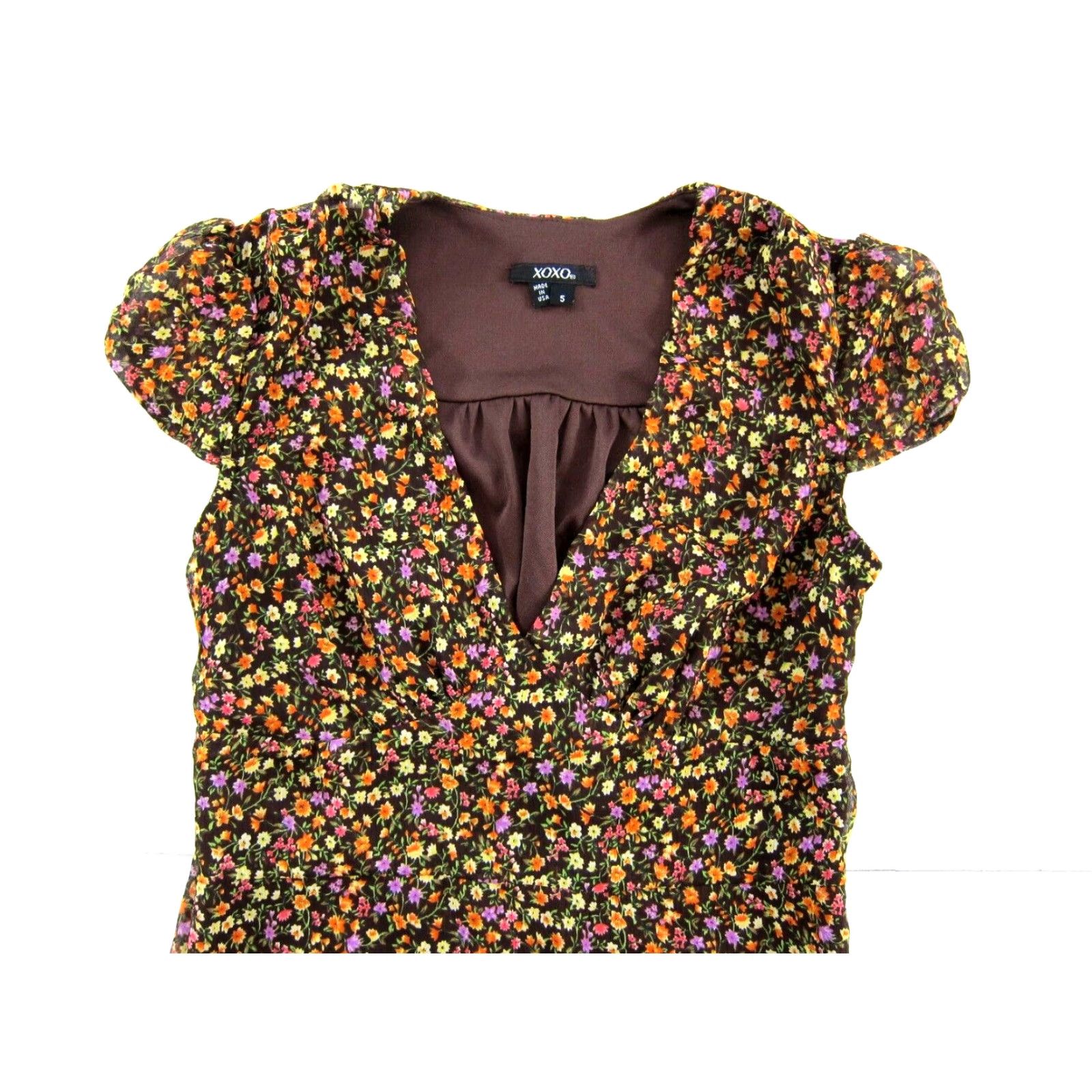XOXO VINTAGE XOXO Dress Brown Yellow Purple Green Floral V-Neck Short Sleeve Sun Maxi Dress Small Size 28" / US 6 / IT 42 - 3 Thumbnail