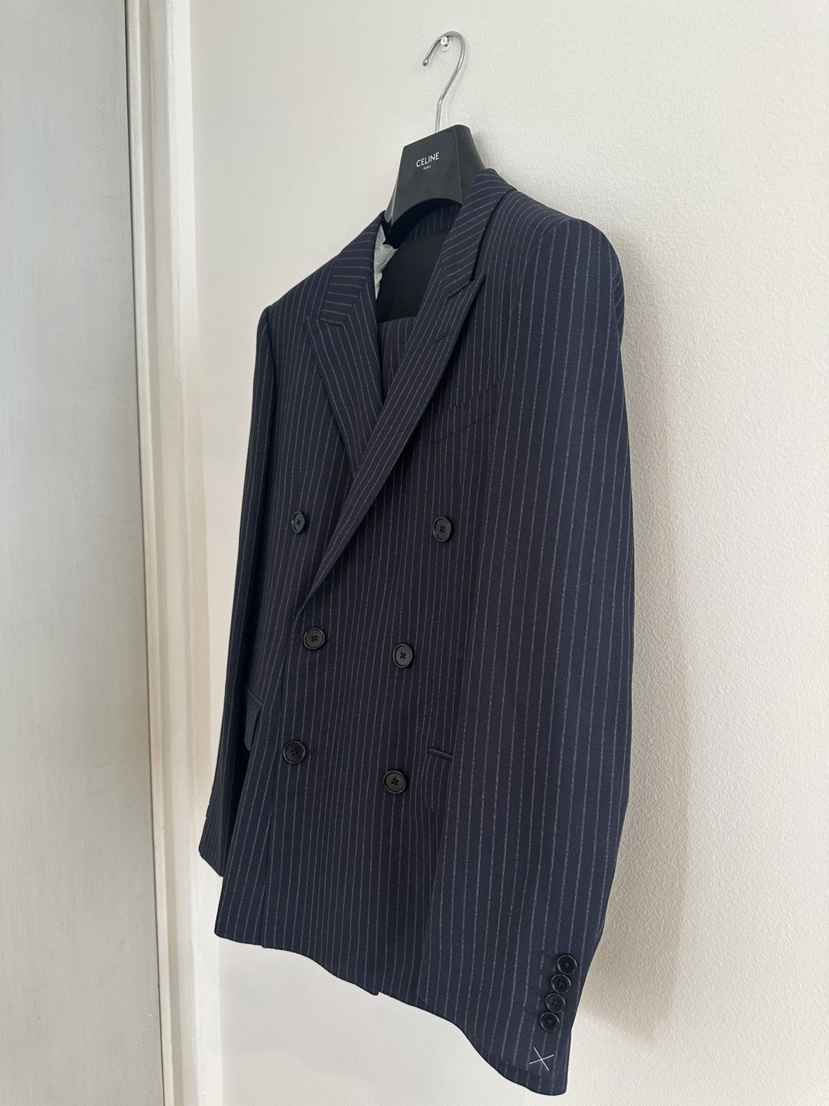 Celine × Hedi Slimane 22SS Double Breasted Navy Chalk Stripe Suit Wool Rectangle Size 44R - 22 Thumbnail