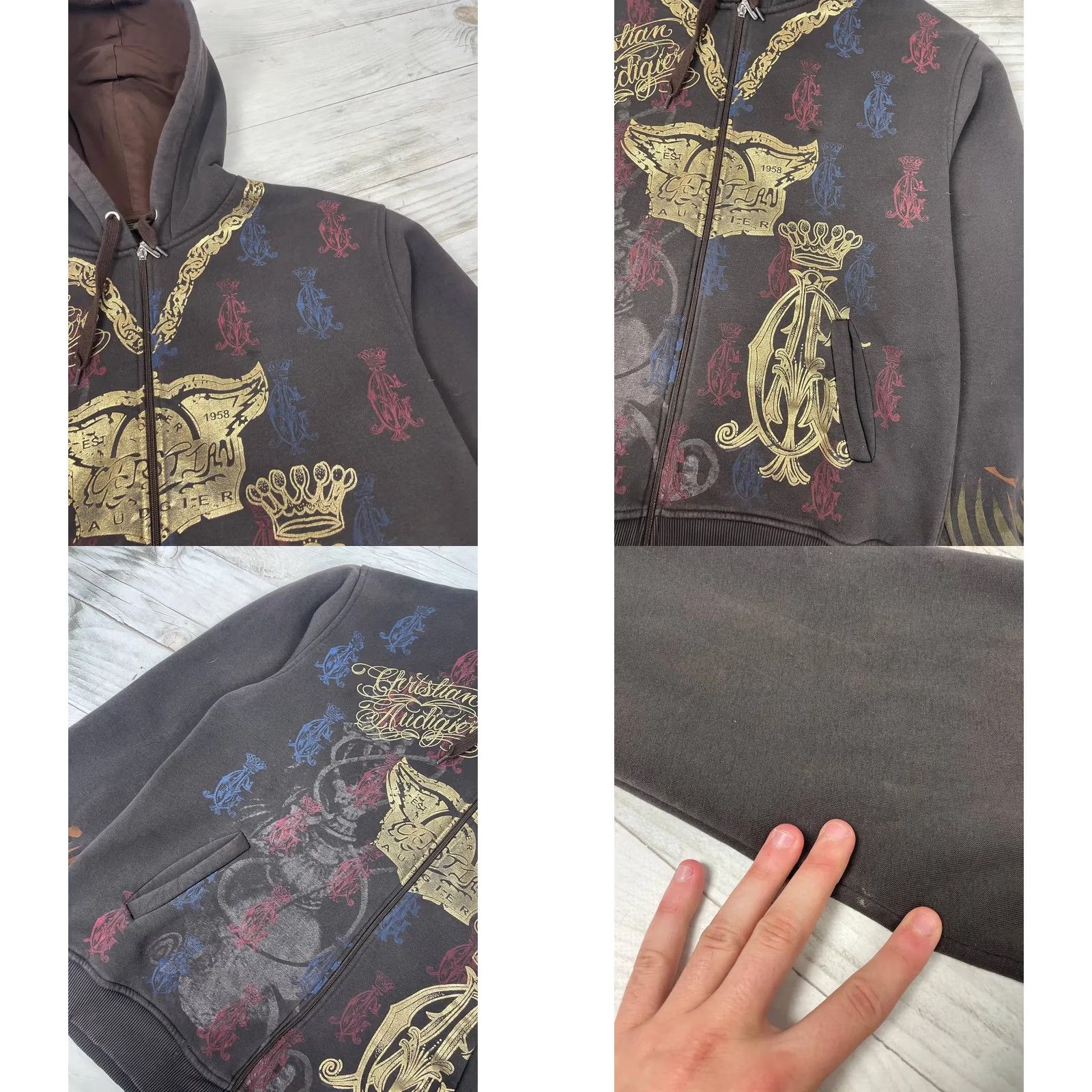 Vintage VINTAGE Christian Audigier Hoodie Full Zip Mens 2XL Brown 90s Love Full Zip Hooded Sweatshirt Brown 90s Size US XXL / EU 58 / 5 - 8 Thumbnail