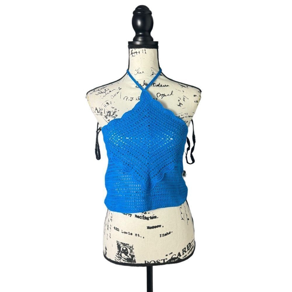 Mango Mango Blue Crochet Halter Crop Top Size S Boho Knit Festival Size S / US 4 / IT 40 - 1 Thumbnail