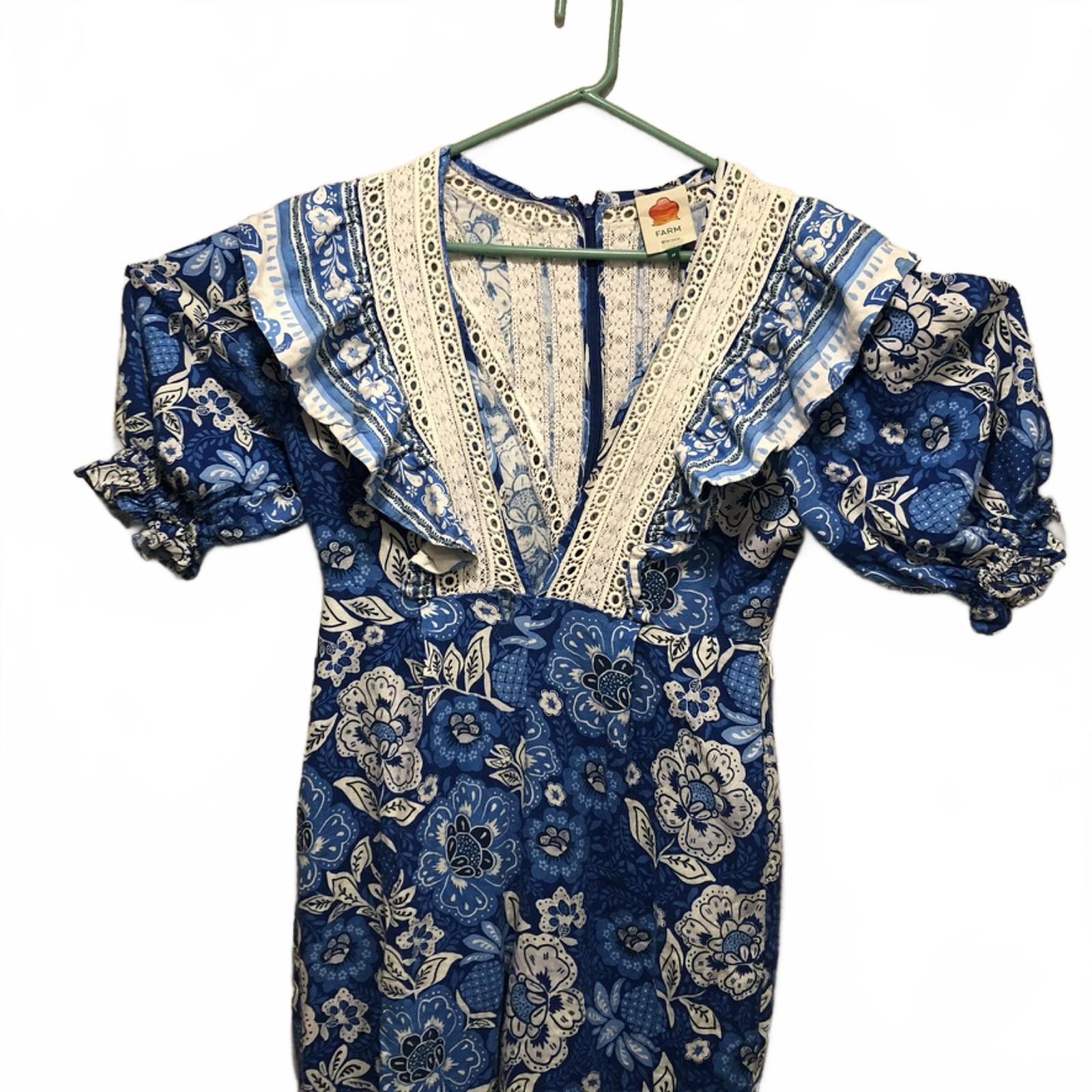 Farm Rio FARM Rio Full of Flowers Blue Floral Lace Jumpsuit M Boho Size 32" / US 10 / IT 46 - 6 Thumbnail