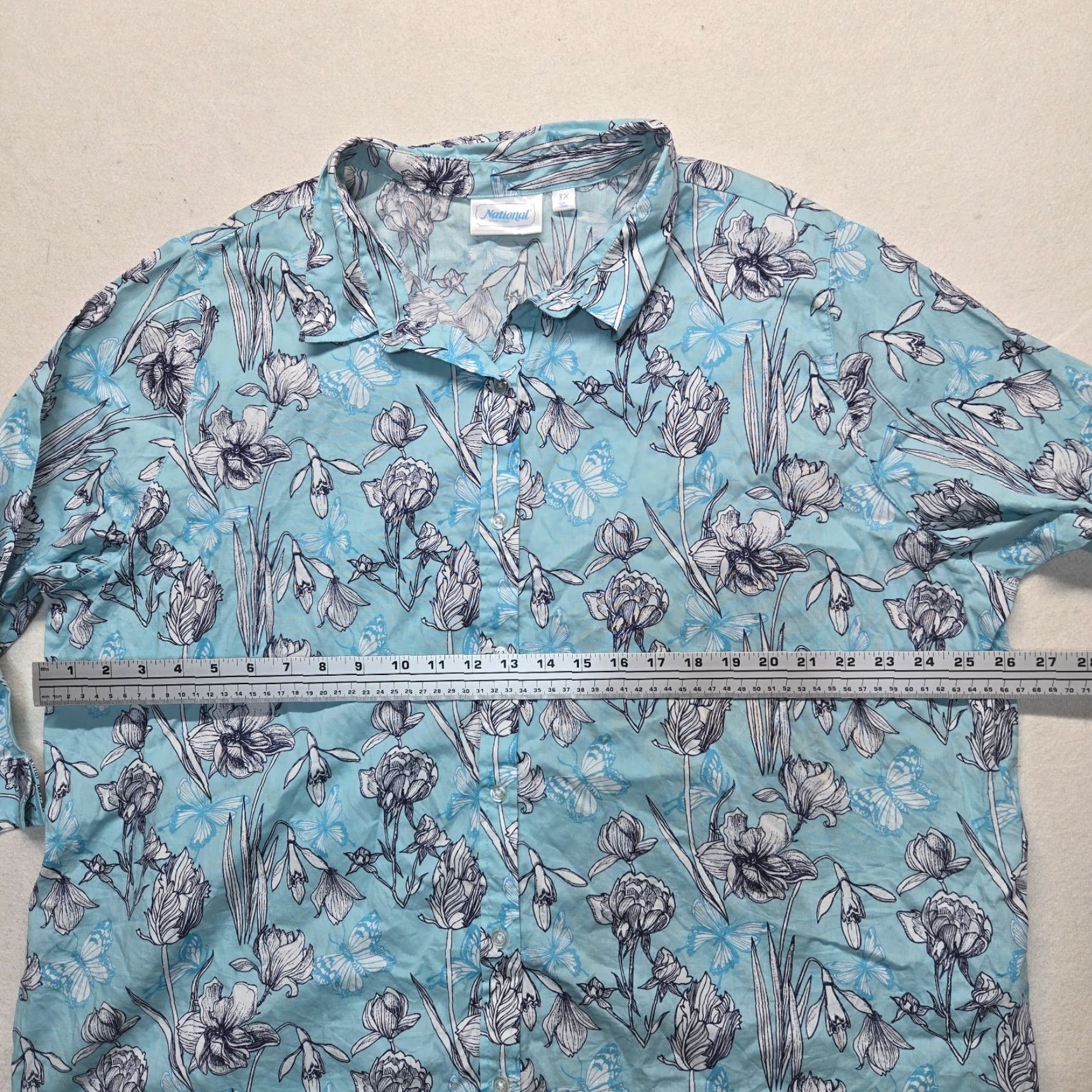 Vintage National Shirt Womens Plus 3X Blue With White Flowers Floral 3/4 Sleeves Button UP Size XXL / US 16-18 / IT 52-54 - 4 Thumbnail