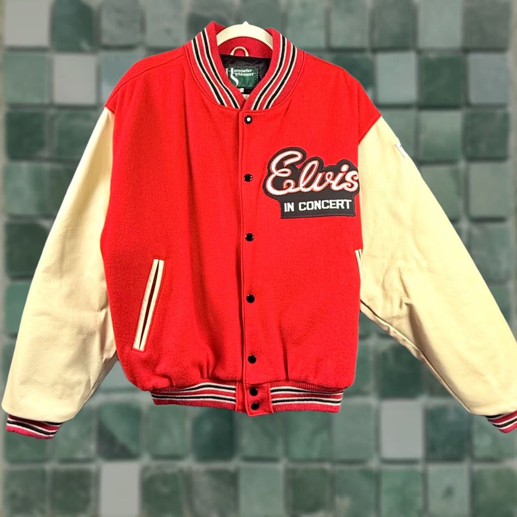 Vintage VINTAGE Elvis In Concert Hammacher Schlemmer varsity jacket Red Wool Leather TCB Made in USA L Mens Size US L / EU 52-54 / 3 - 1 Thumbnail