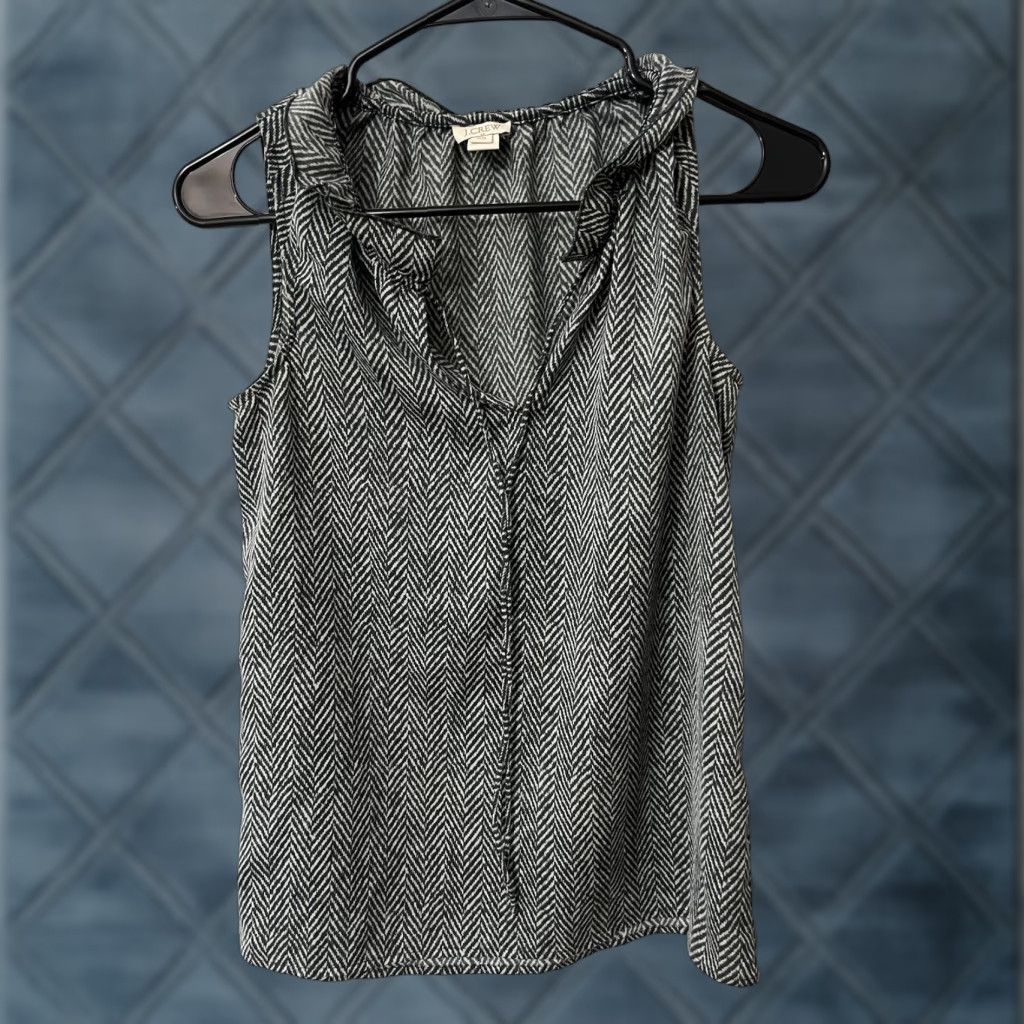 J.Crew J. Crew Blouse 00 Women Size Regular Pullover Sleeveless Herringbone Neck Ruffle Top Size XXS / US 00 / IT 34 - 1 Thumbnail