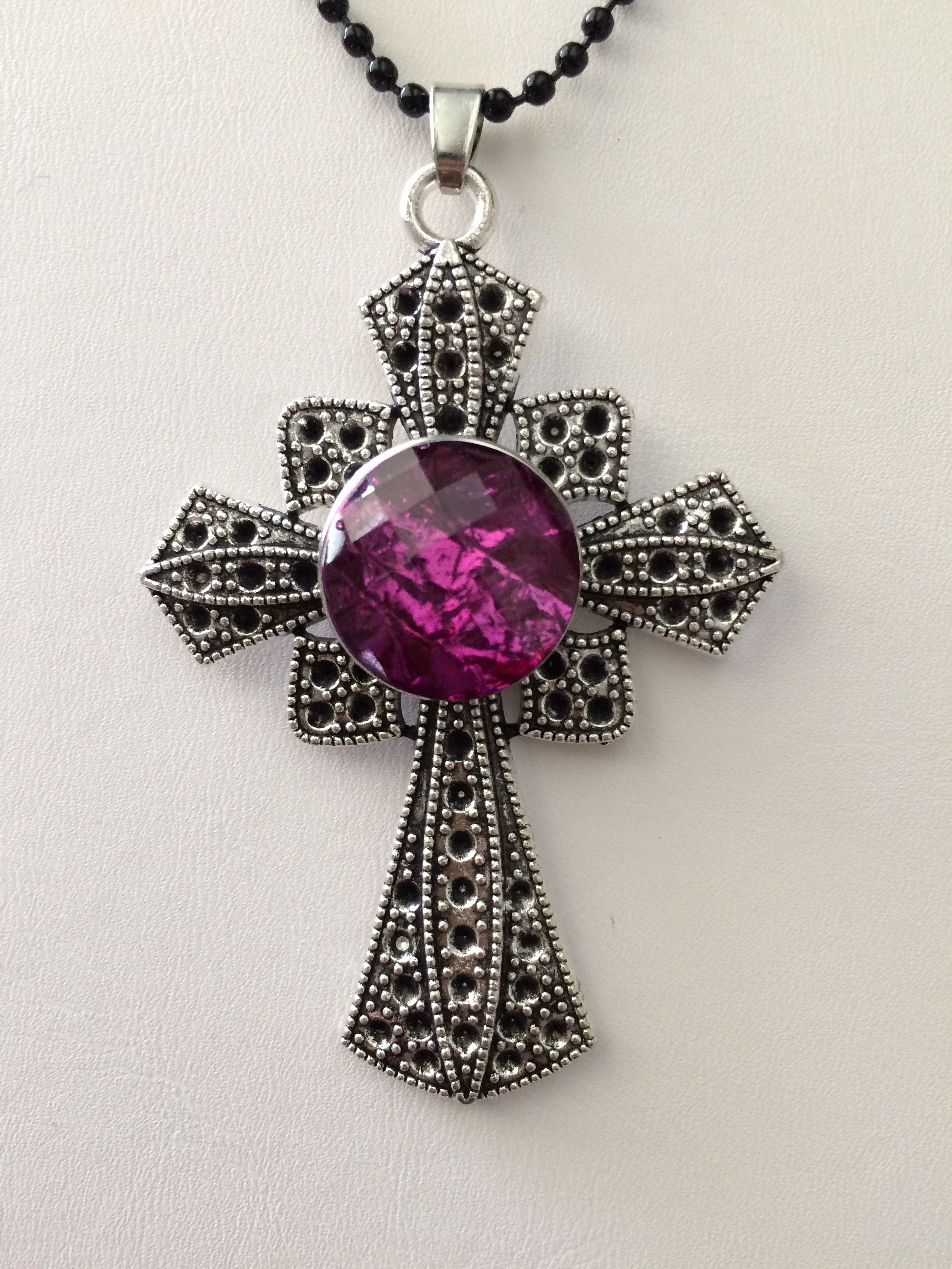 Jewelry Cross Chunk Button Tibetan silver Pendant Necklace - Purple Size ONE SIZE - 3 Thumbnail