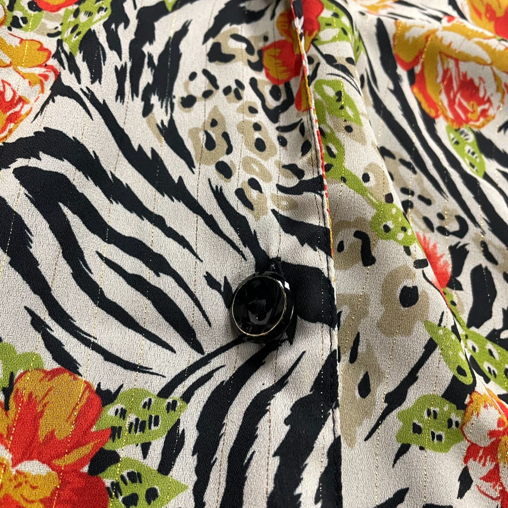 Lancel Gloria Lance Button Up Shirt Women XL Multicolor Zebra Floral Padded Shoulders Knit Polyester Spandex Casual Floral Bohemian Hawaii Size XL / US 12-14 / IT 48-50 - 4 Thumbnail