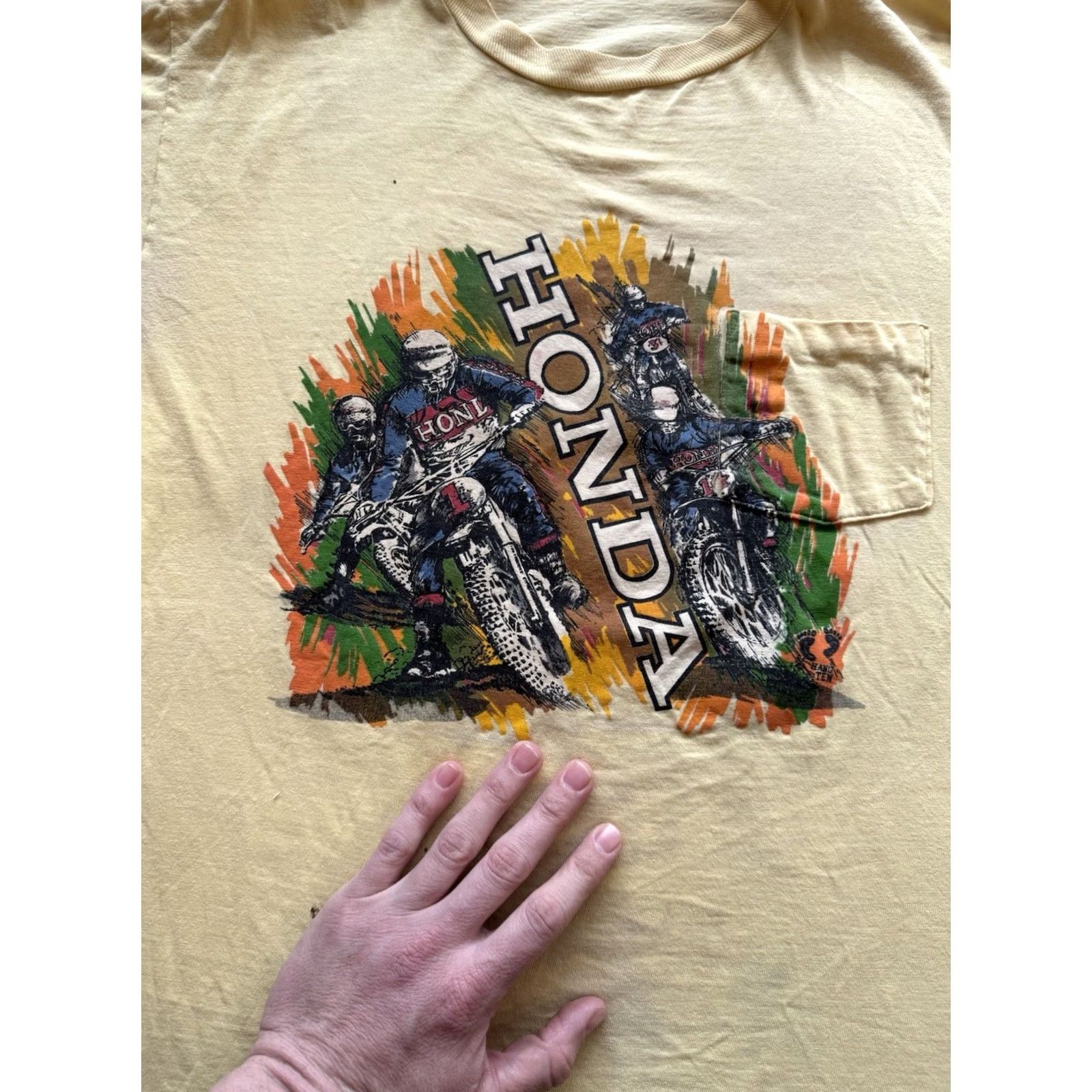 Hang Ten VINTAGE Honda Hang Ten Tee Pocket Sz L Moto X Racing Motocross 70s USA 1970s Size US L / EU 52-54 / 3 - 2 Thumbnail