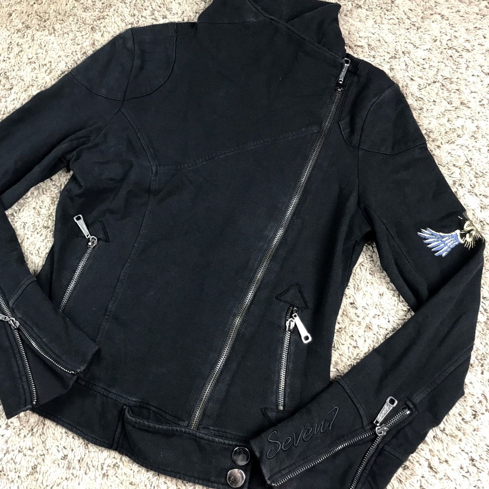 Vintage Seven7 Womens Jacket Coat Black Full Zip Mock Neck Grunge Designer Casual Small XS S Size S / US 4 / IT 40 - 4 Thumbnail