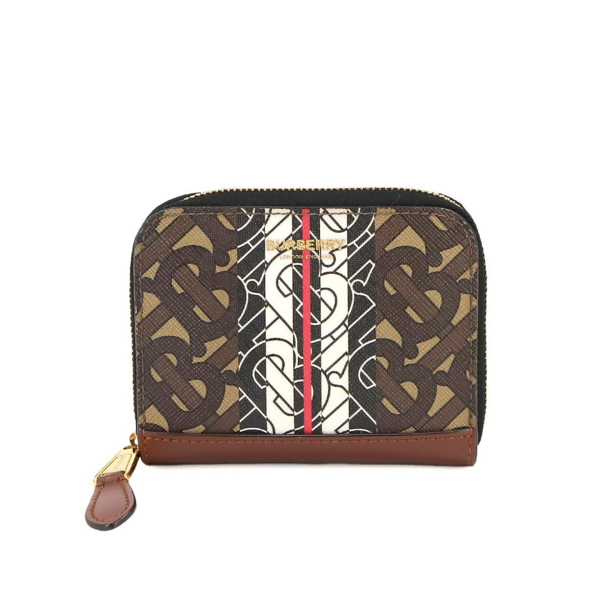 image of Burberry Monogram Stripe Round Wallet/coin Case Coin Purse Leather Brown Gold Metal Fittings, Women