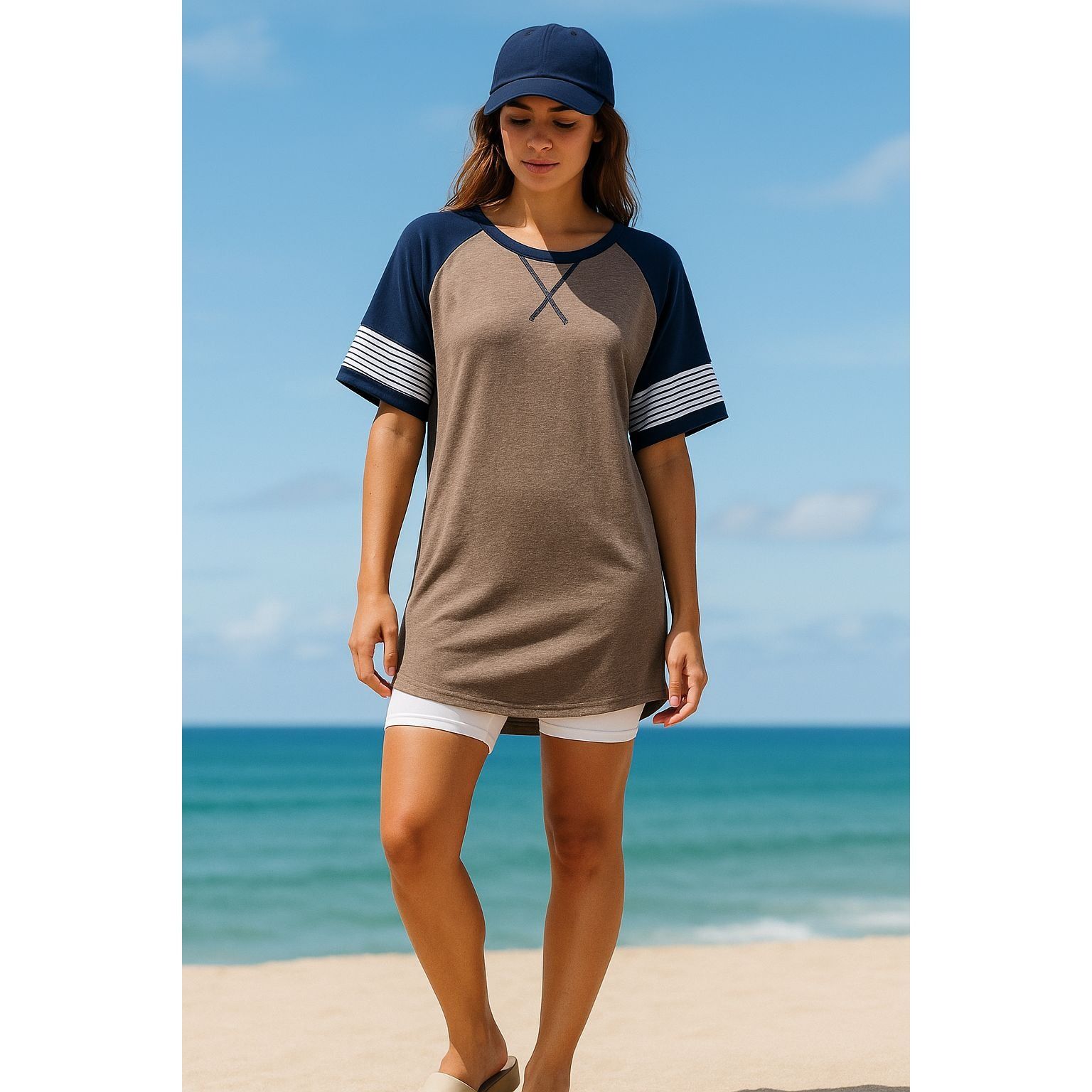Other Adibosy Brown Navy Raglan Dressy Tunic Tee Shirt Dress Strip Size XXL / US 16-18 / IT 52-54 - 1 Thumbnail