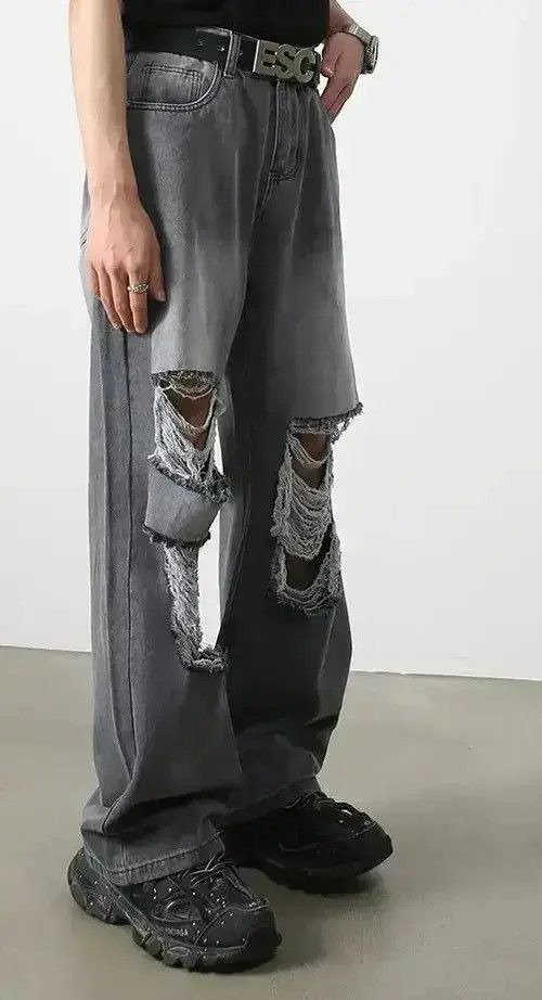 Japanese Brand Harajuku Ripped Jeans Men Wide Leg Size US 32 / EU 48 - 4 Thumbnail