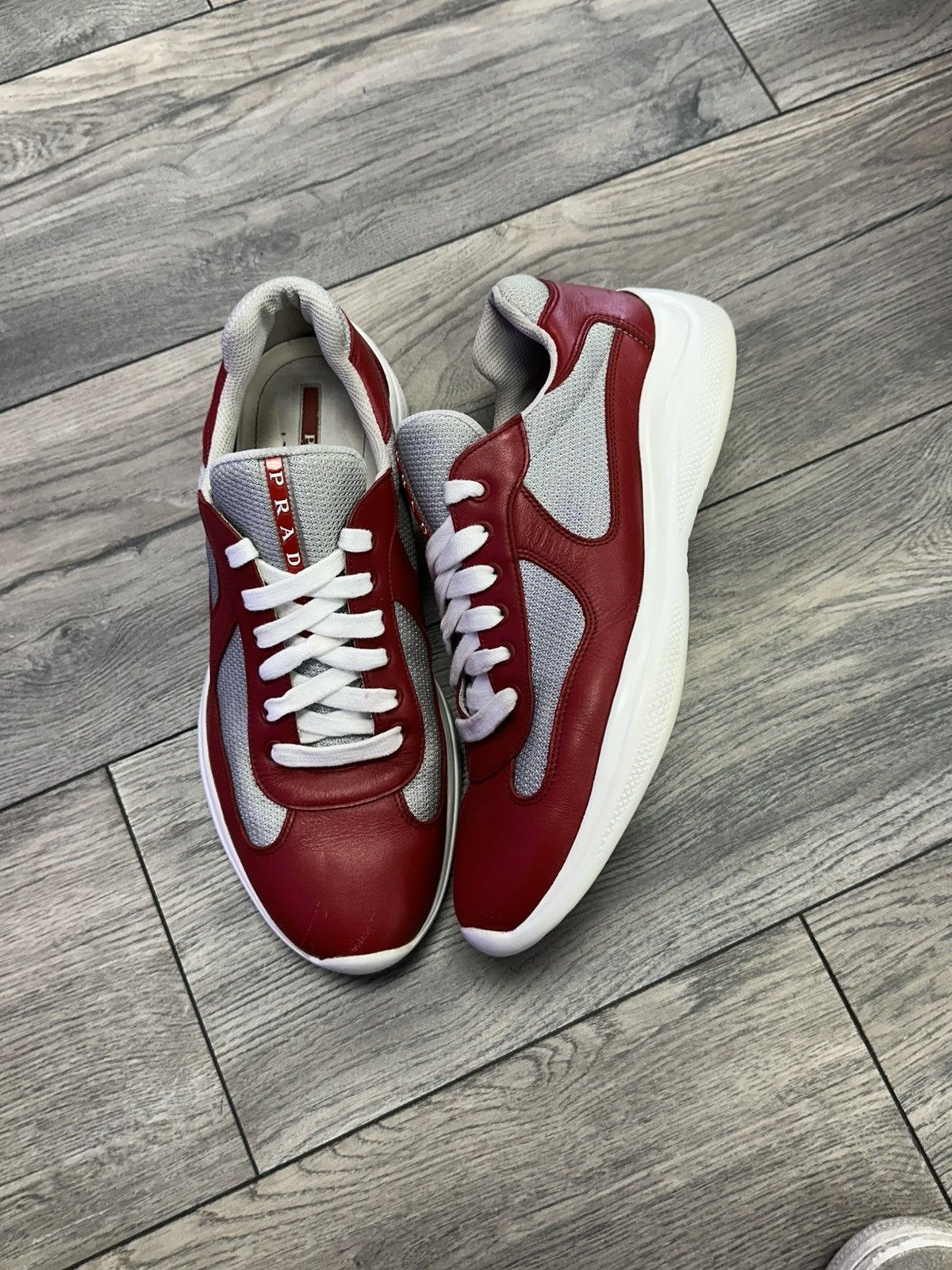 Prada AmericaS Cup Low Red Silver Matte Leather Shoes, Men's (Size 9)