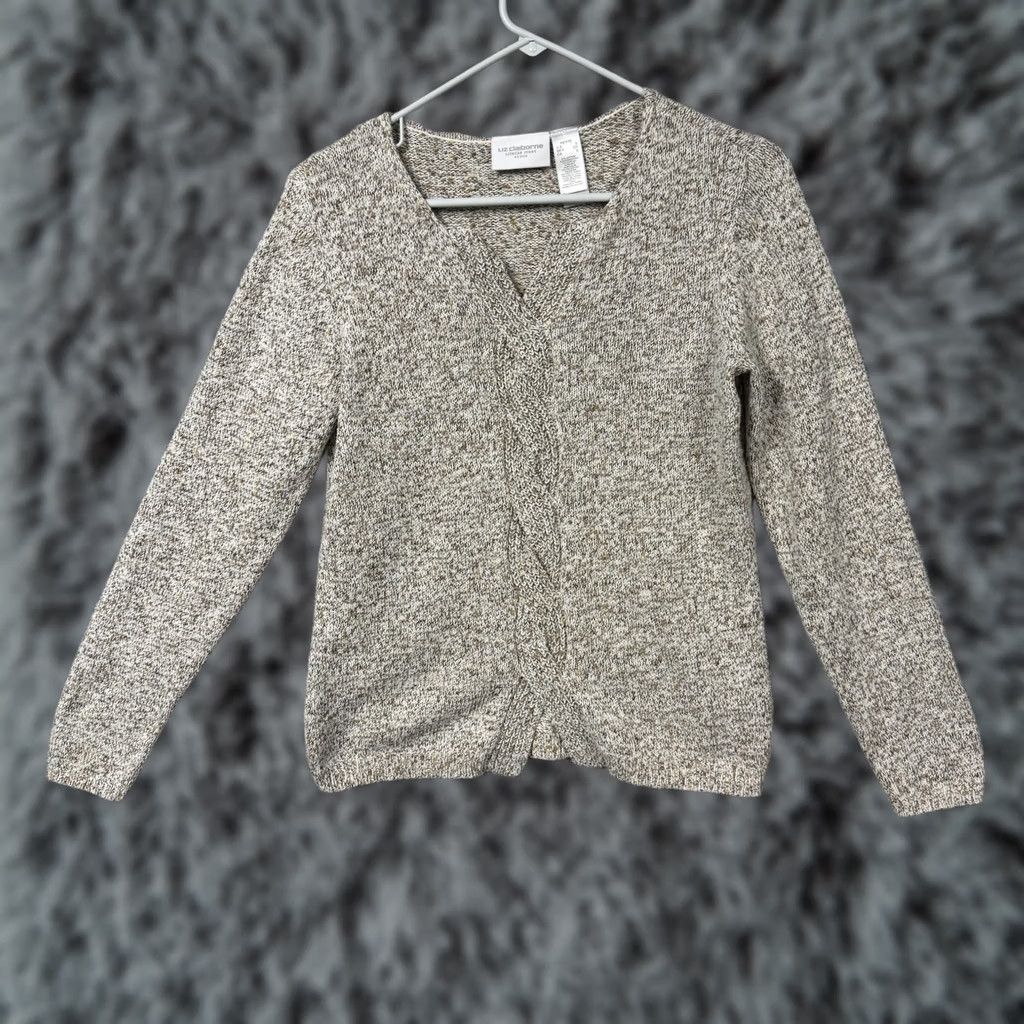 Liz Claiborne VINTAGE Liz Claiborne Sweater Petite S V-Neck Cable-Knit Beiges Beige Long Sleeve Pullover Minimalist 90s Casual Women's Size S / US 4 / IT 40 - 1 Thumbnail