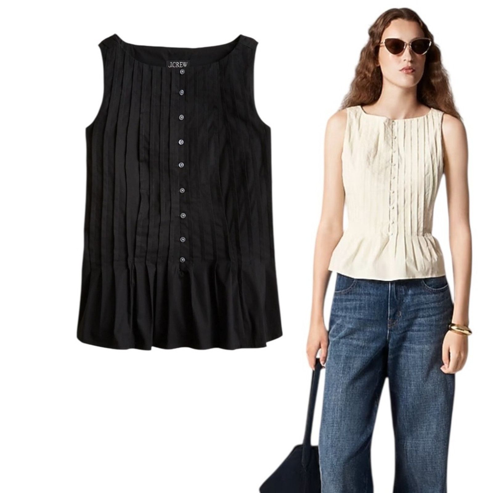 J.Crew J.CREW Pintuck Blouse Premium Cotton Poplin Black 12 NWT Size XL / US 12-14 / IT 48-50 - 1 Thumbnail