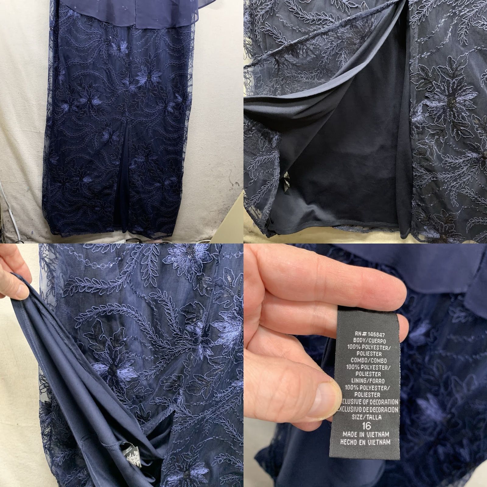 Vintage VINTAGE Brianna Women’s Dress 16 Long Formal Ball Gown Midnight Blue Floral Embroidered Rhinestone Lined Zipper Hand Wash Only Size XXL / US 16-18 / IT 52-54 - 9 Thumbnail