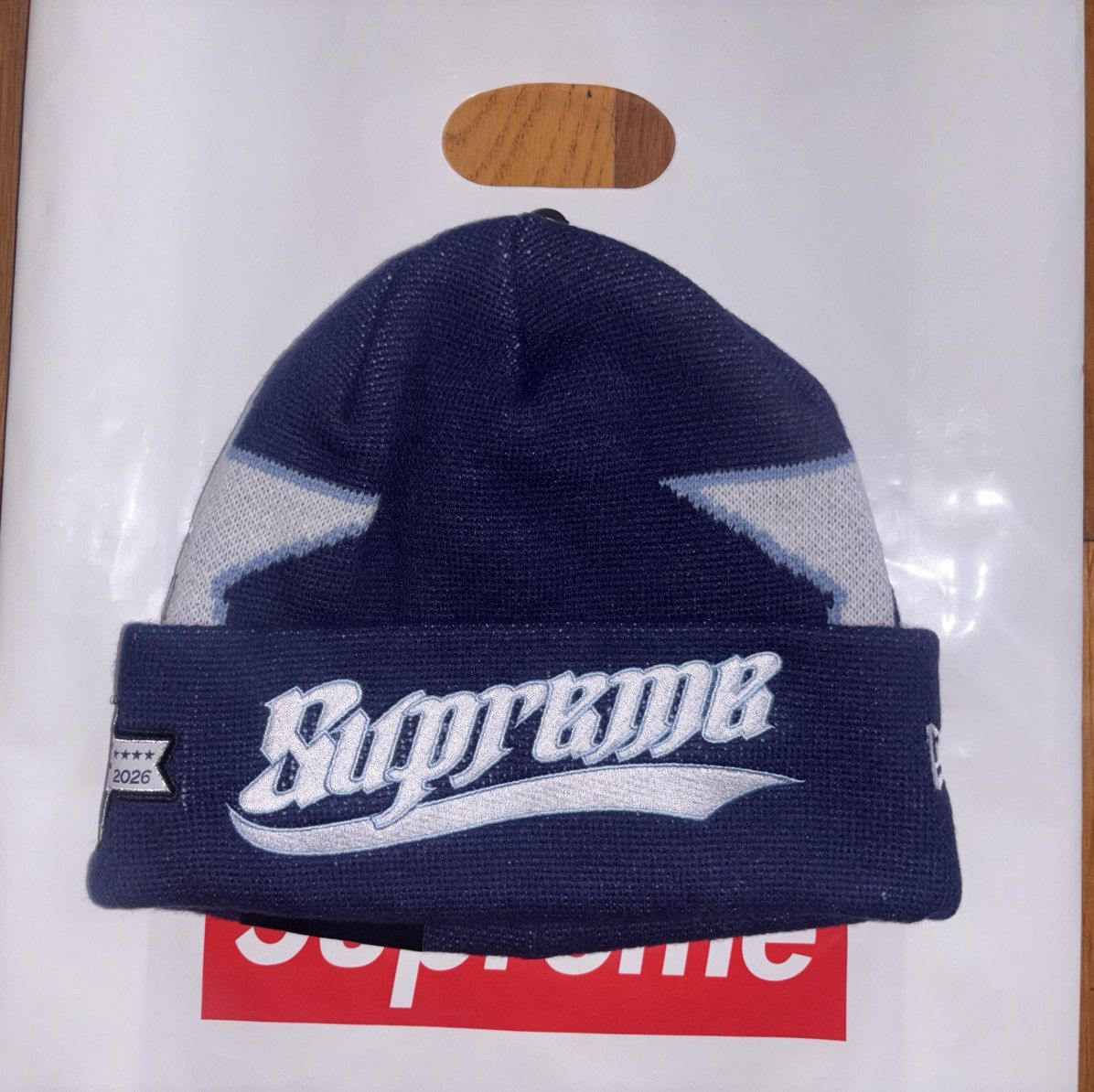 New Era × Supreme Supreme New Era Script Beanie Navy Blue | Grailed