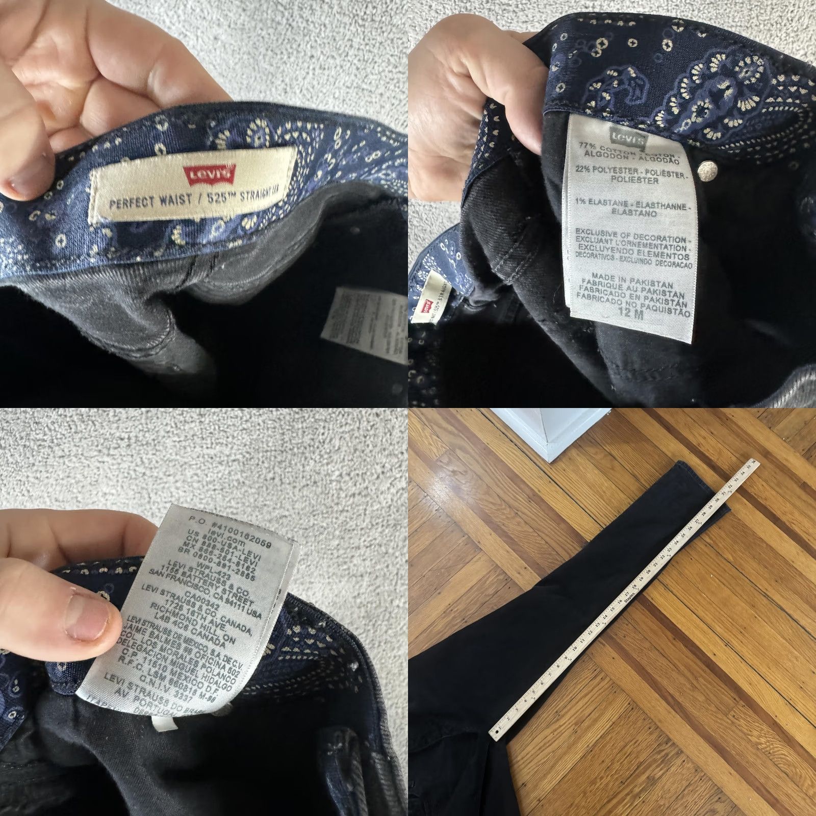Levi's Levis Perfect Waist 525 Jeans Womens 12 Black Straight Leg Dark Wash Stretch Size 34" / US 12 / IT 48 - 10 Thumbnail