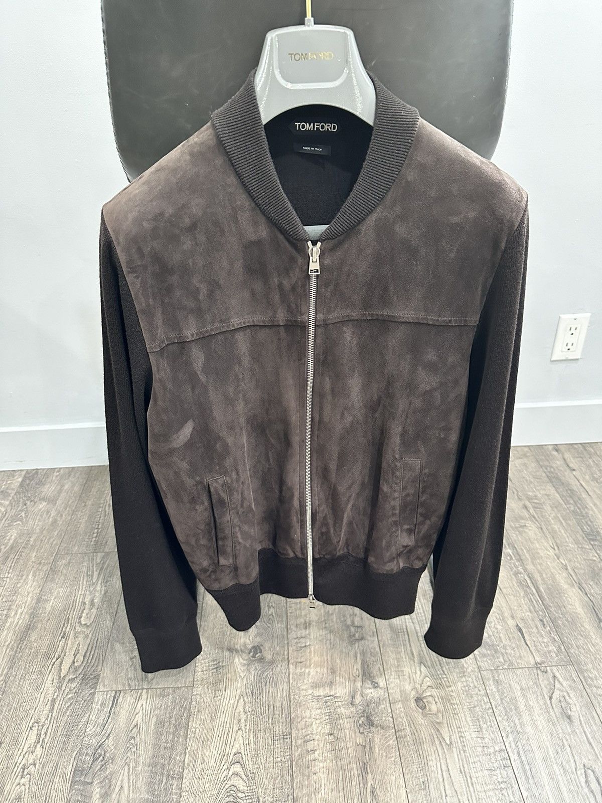 Image of Tom Ford Suede Wool Knit Bomber Jacket Size 46 in Brown, Men's