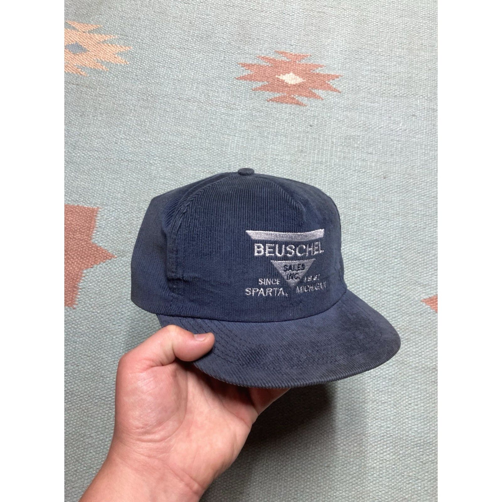 Vintage VINTAGE SnapBack Hat Corduroy Cap Beuschel Sales Sparta Michigan Made in USA Adjustable Blue USA Mens Snapback Size ONE SIZE - 2 Thumbnail