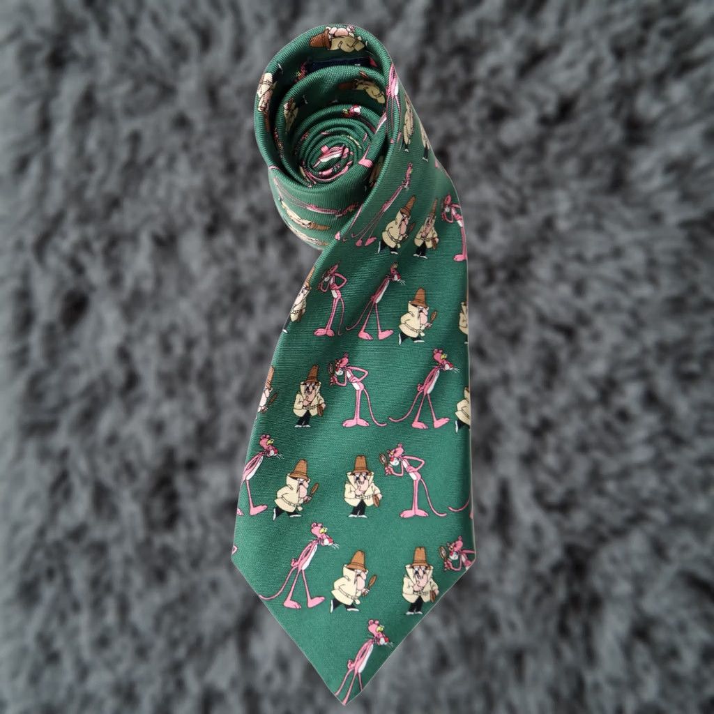 Pinko PINK PANTHER Vintage Tie Men's One Size Green Patterned Pointed Pure Silk Size US 35 - 1 Thumbnail