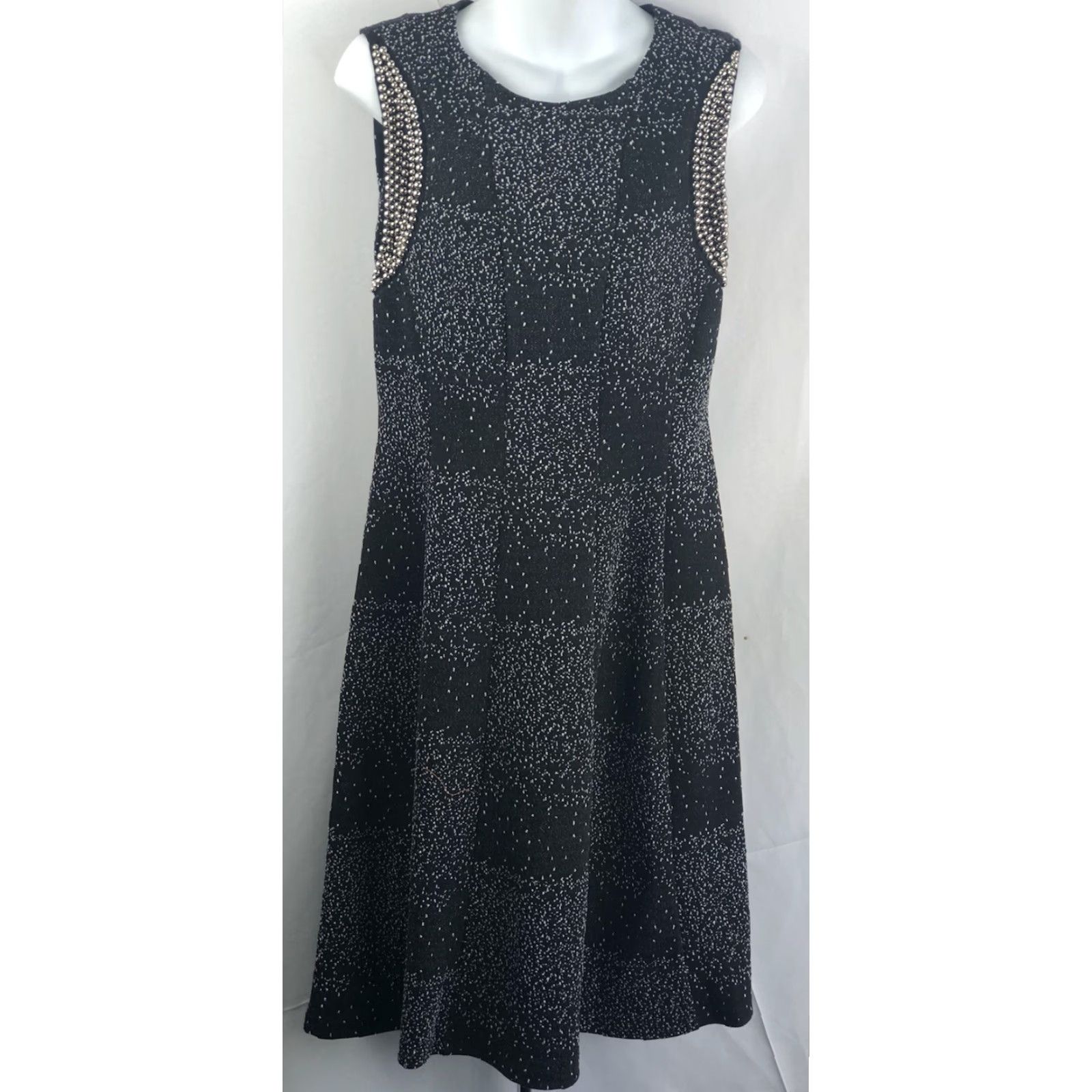 Vintage NWT Linea Domani Ltd Sleeveless Fit & Flare Dress 8 Blk Midi Bead Boat Neck Knit Size M / US 6-8 / IT 42-44 - 5 Thumbnail