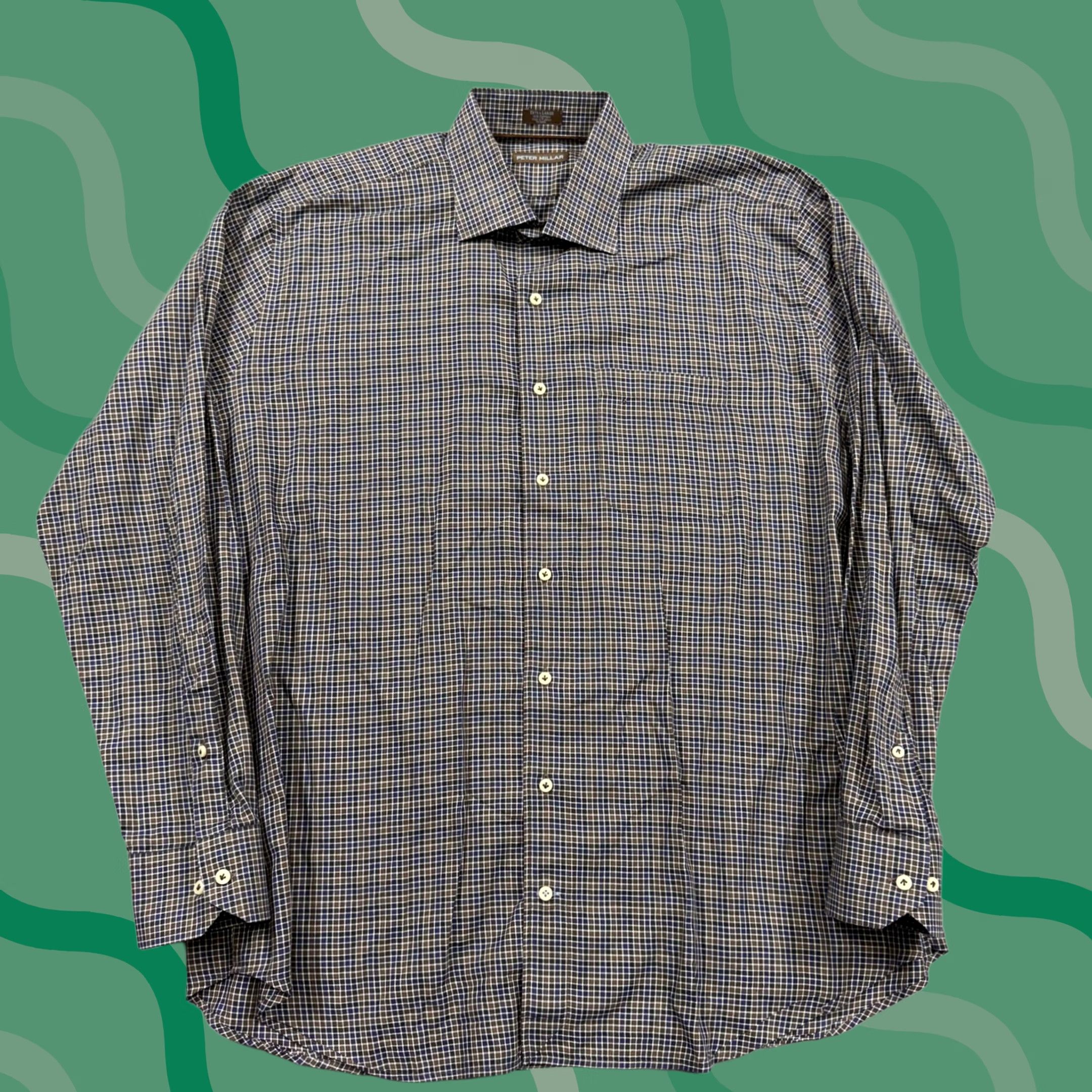 Peter Millar Peter Millar Shirt Mens XL Brown Gingham Cotton Dress Button Front Long Sleeve Size 46R - 1 Thumbnail
