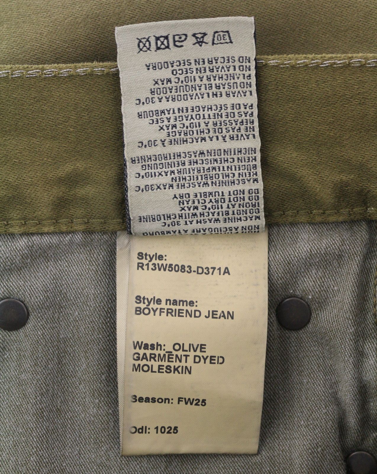 R13 BOYFRIEND 27 Olive Garment Dyed Moleskin Faded FW25 86612 Size 27" / US 4 / IT 40 - 9 Thumbnail