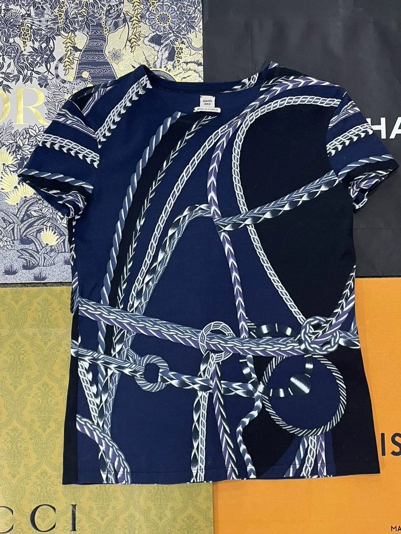 Hermes Hermes Blue Chain Print Short Sleeve T-shirt Size US M / EU 48-50 / 2 - 1 Thumbnail