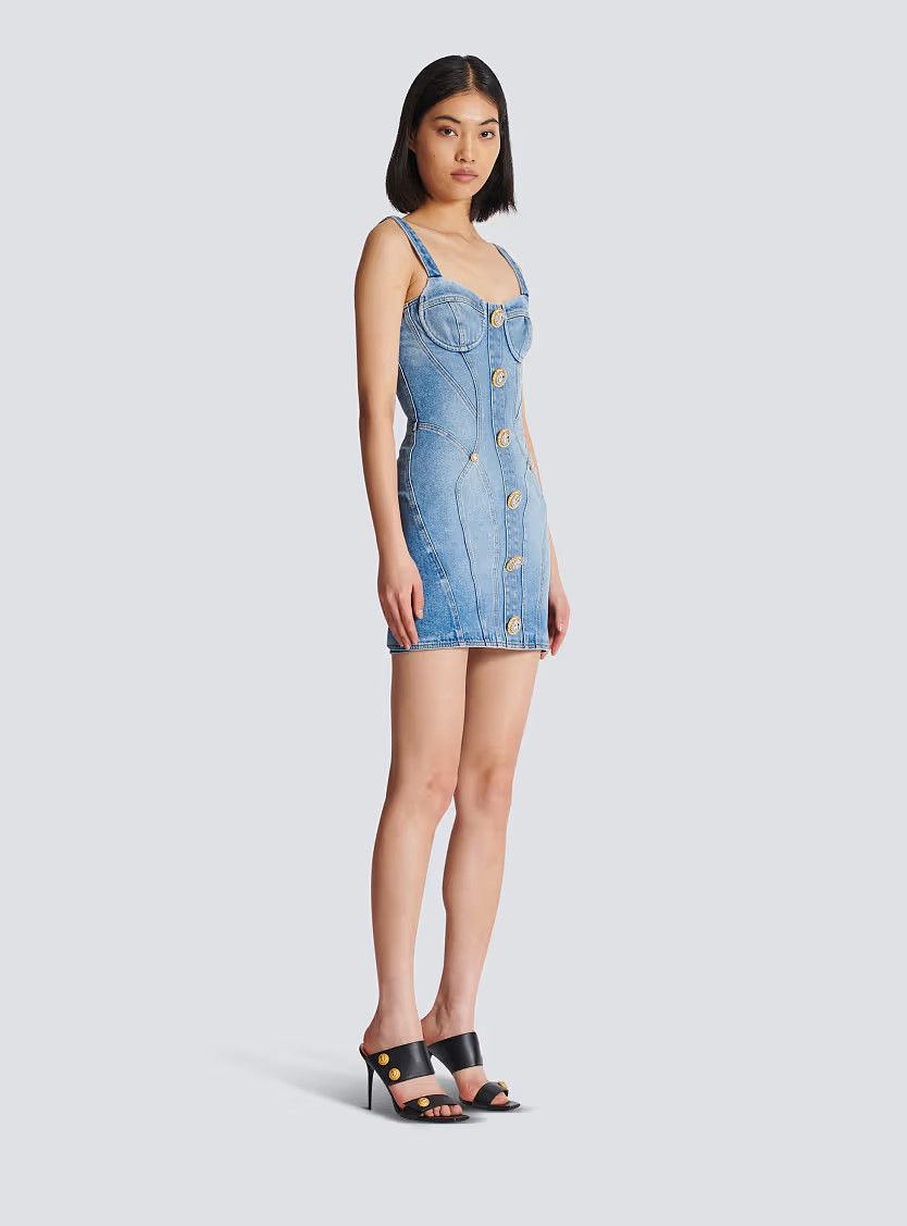 Balmain o1s1wg110725 Buttoned Short Denim Dress in Blue Size L / US 10 / IT 46 - 2 Thumbnail