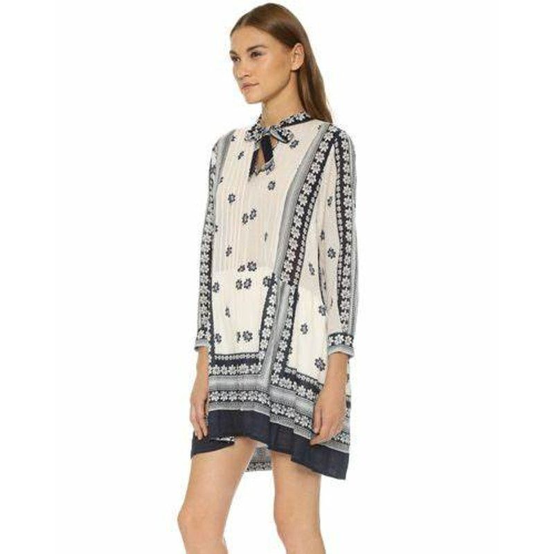 image of Sea Pintucked Tie Dress Embroidered Bow Tie Neckline 2 NWT in Cream, Women's (Size XS)