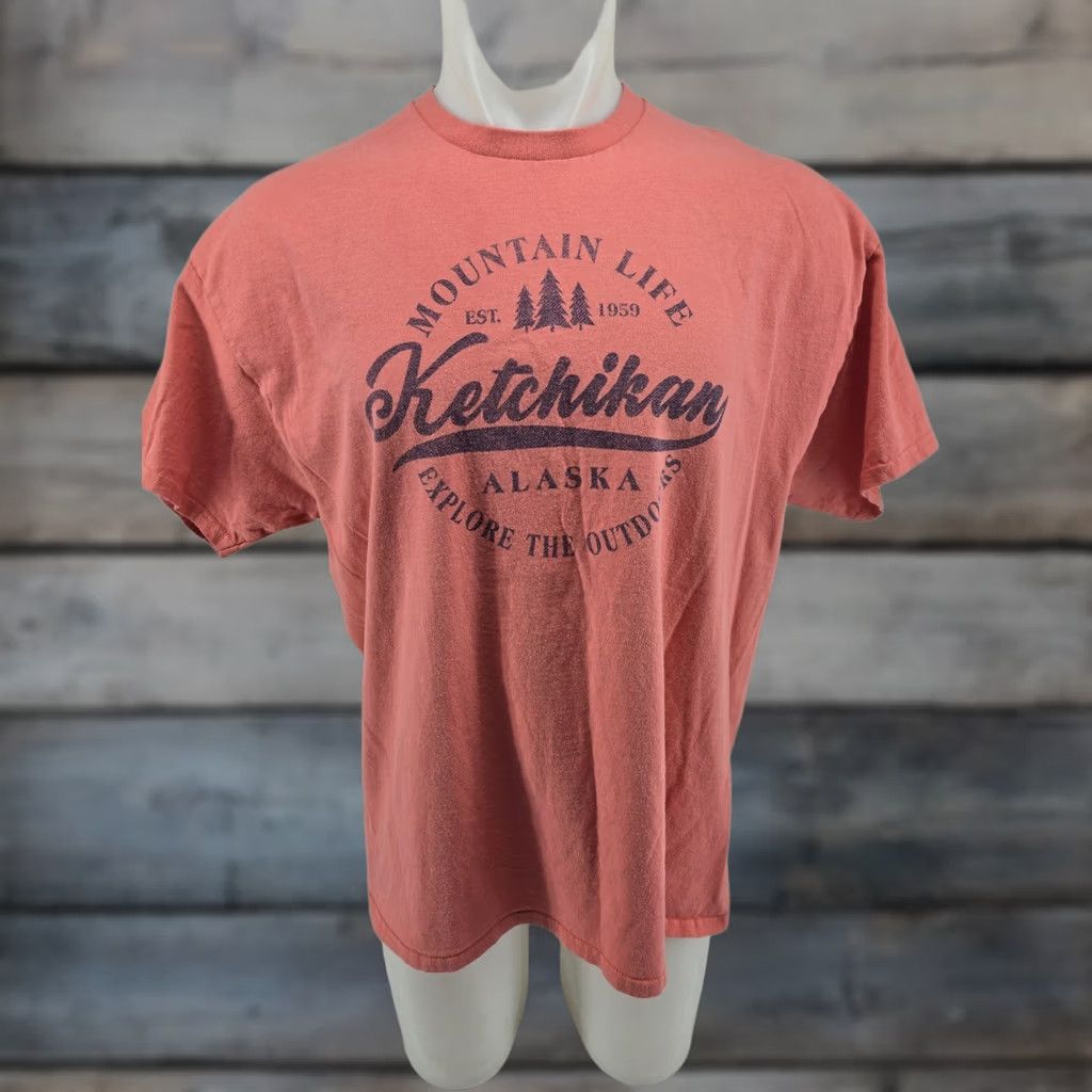Gildan Alaska Outpost Ketchikan Coral T-shirt Adult XL Gildan T-Shirt Crew Neck Short Sleeve Pink Cotton Blend Graphic Print Men Regular Fit Vintage: No Size US XL / EU 56 / 4 - 1 Thumbnail