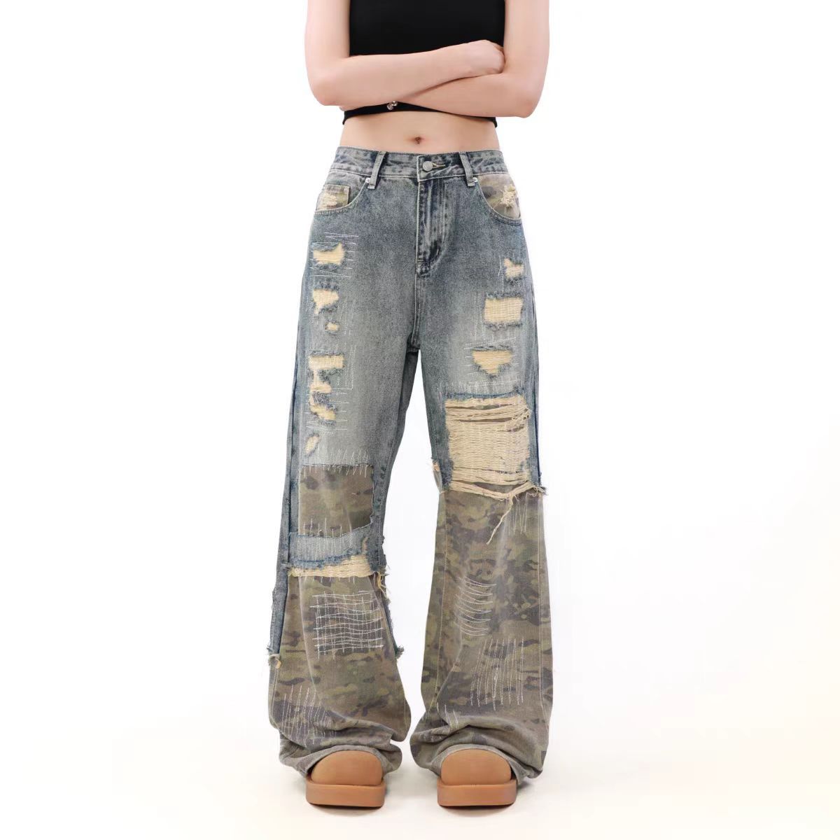 Japanese Brand × Jean Vintage patchwork camouflage ripped straight leg jeans Size US 30 / EU 46 - 3 Thumbnail