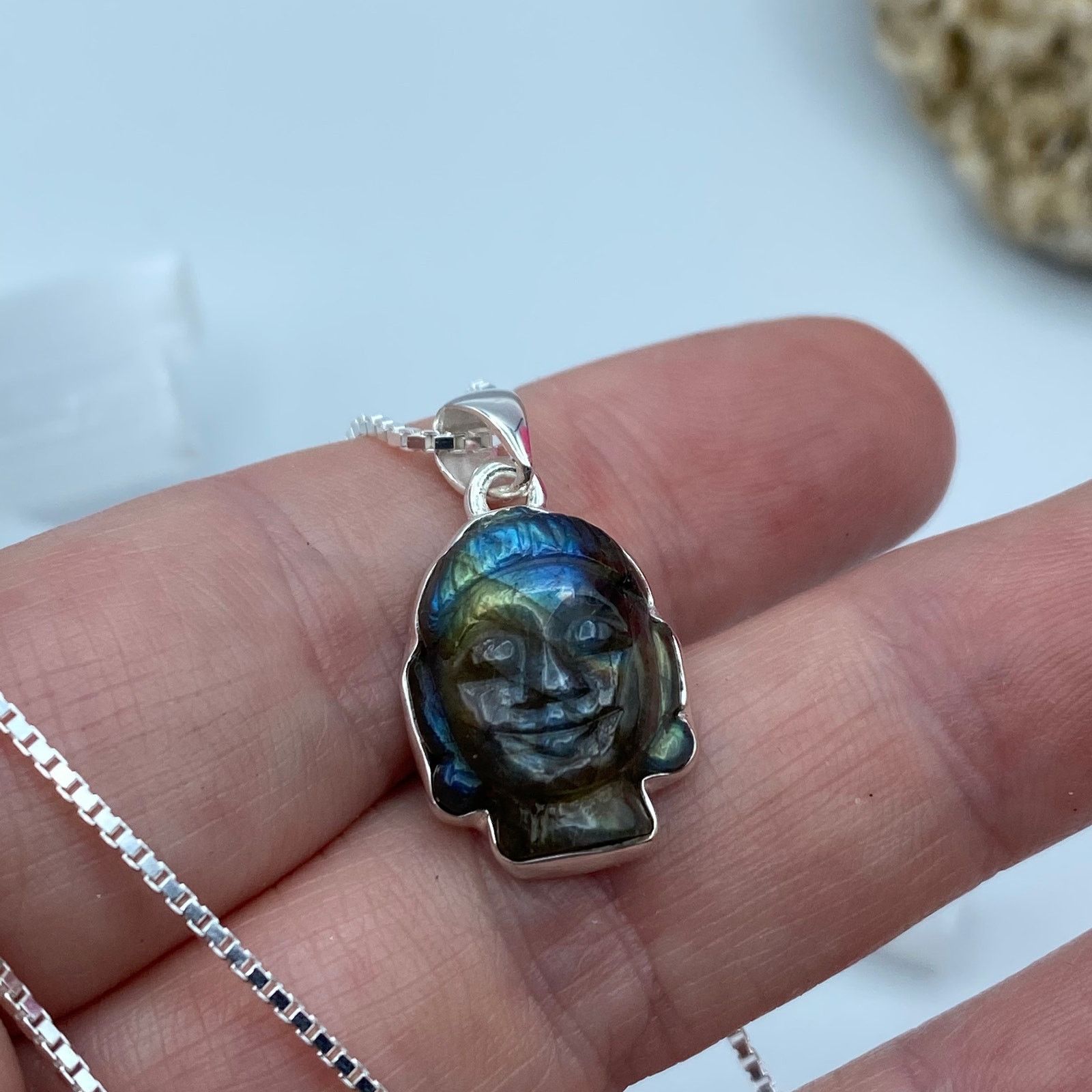 The Unbranded Brand Buddha Carved Labradorite Solid Sterling Silver Necklace Size ONE SIZE - 1 Thumbnail