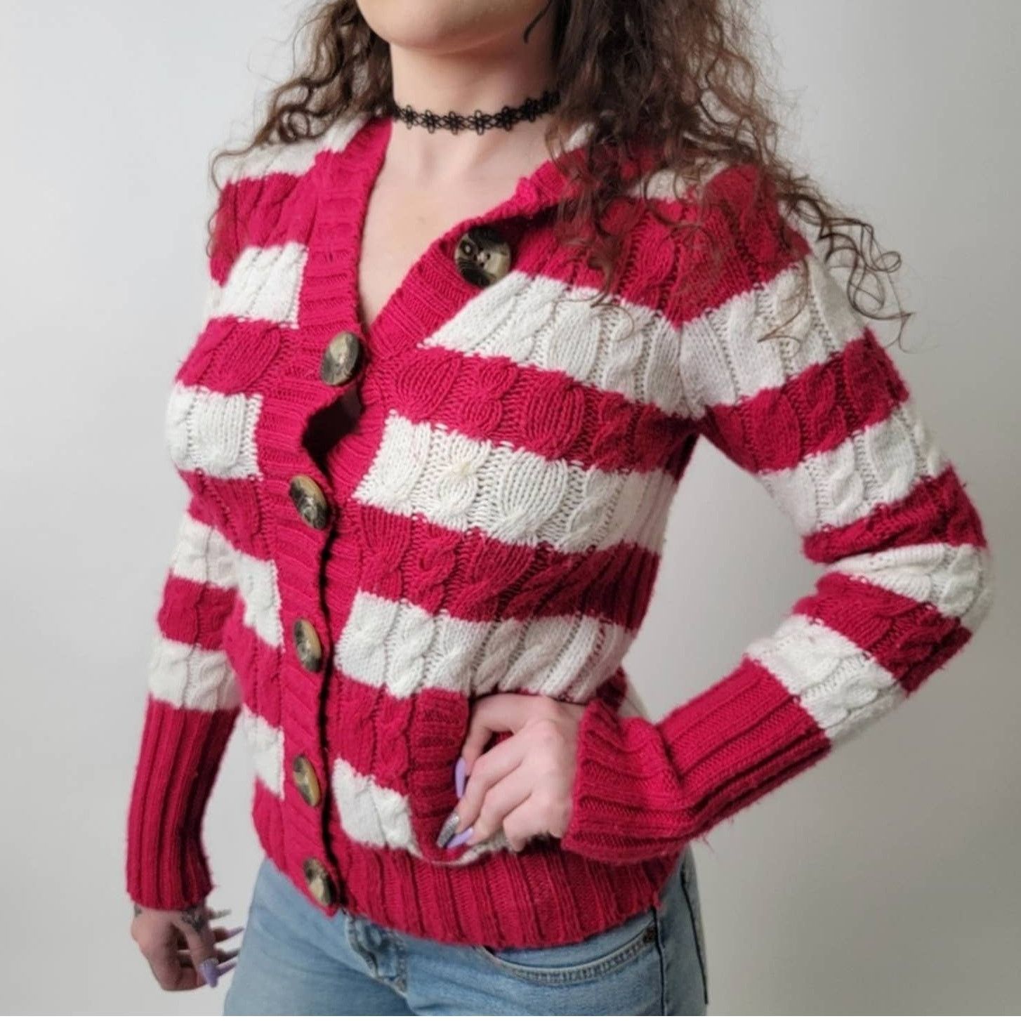 Aeropostale Aeropostale Y2K Hooded Striped Cable Knit Sweater - M Size M / US 6-8 / IT 42-44 - 1 Thumbnail