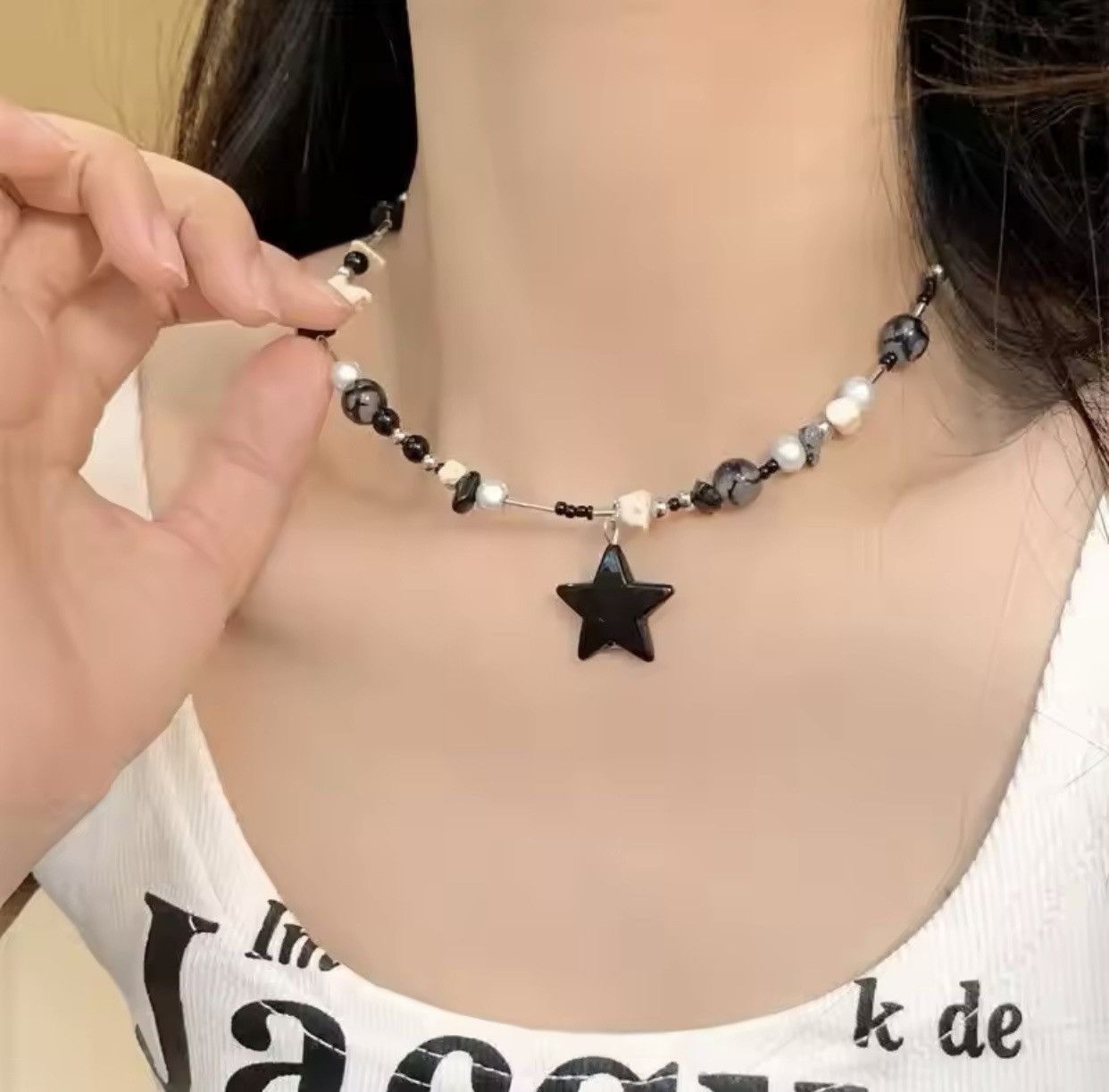 Jewelry × Vintage Y2K Black Star Pentagram Beaded Choker Necklace Size ONE SIZE - 2 Thumbnail