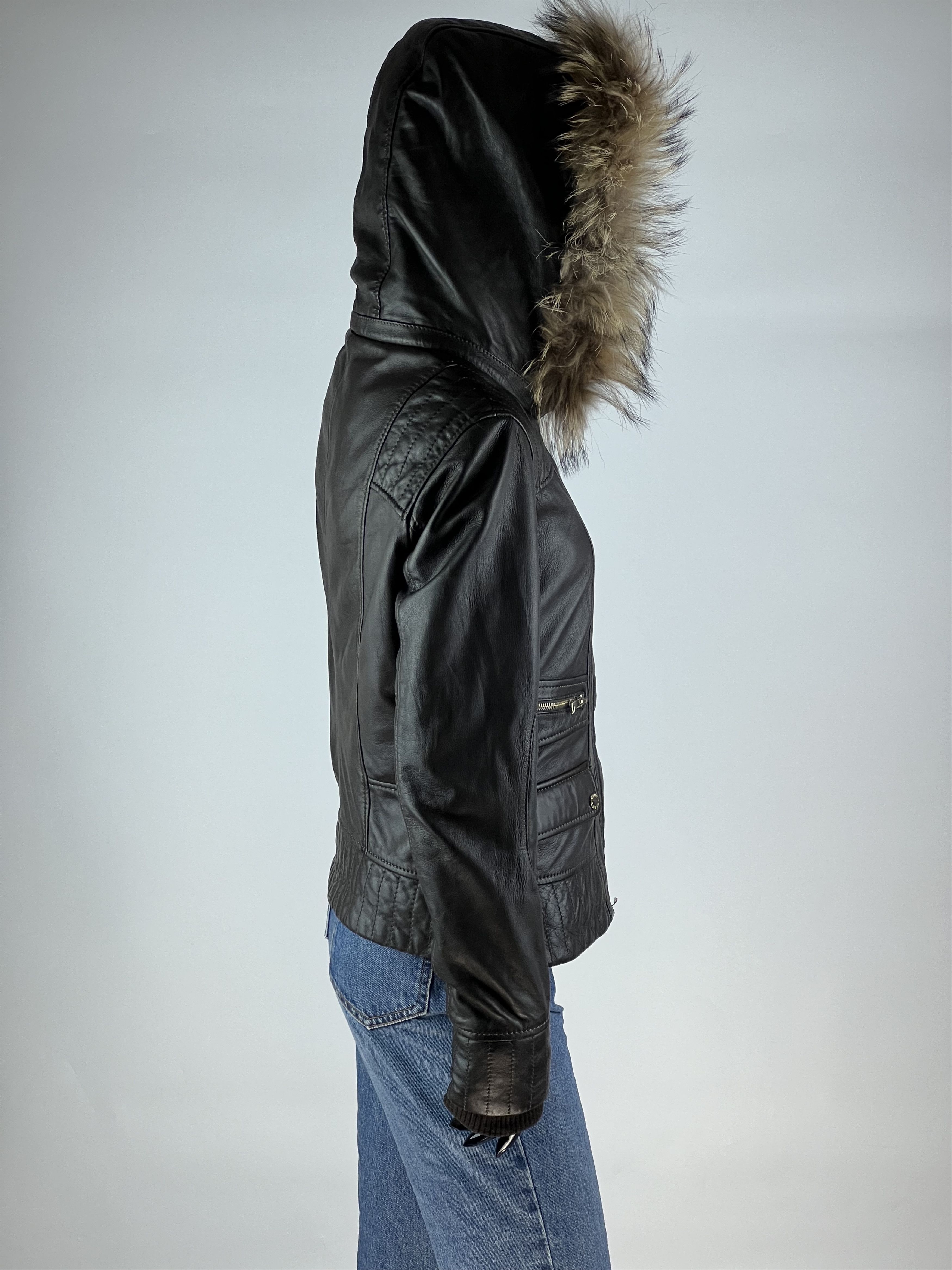 Designer Oakwood Women's Brown Hooded Leather Jacket Trim Fur Size S / US 4 / IT 40 - 3 Thumbnail