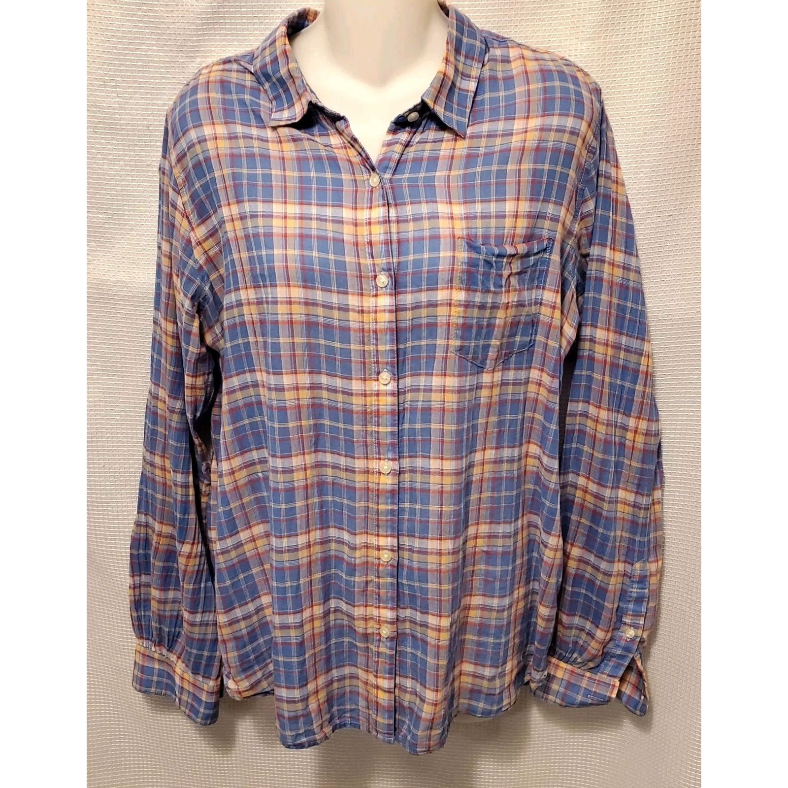 Vintage Trovata Birds Of Paradise Plaid Button-Front Lightweight Cotton Shirt Women's Large Blue Casual Workwear Spring Summer 90s Bohemian Cottage Coastals Size L / US 10 / IT 46 - 2 Thumbnail