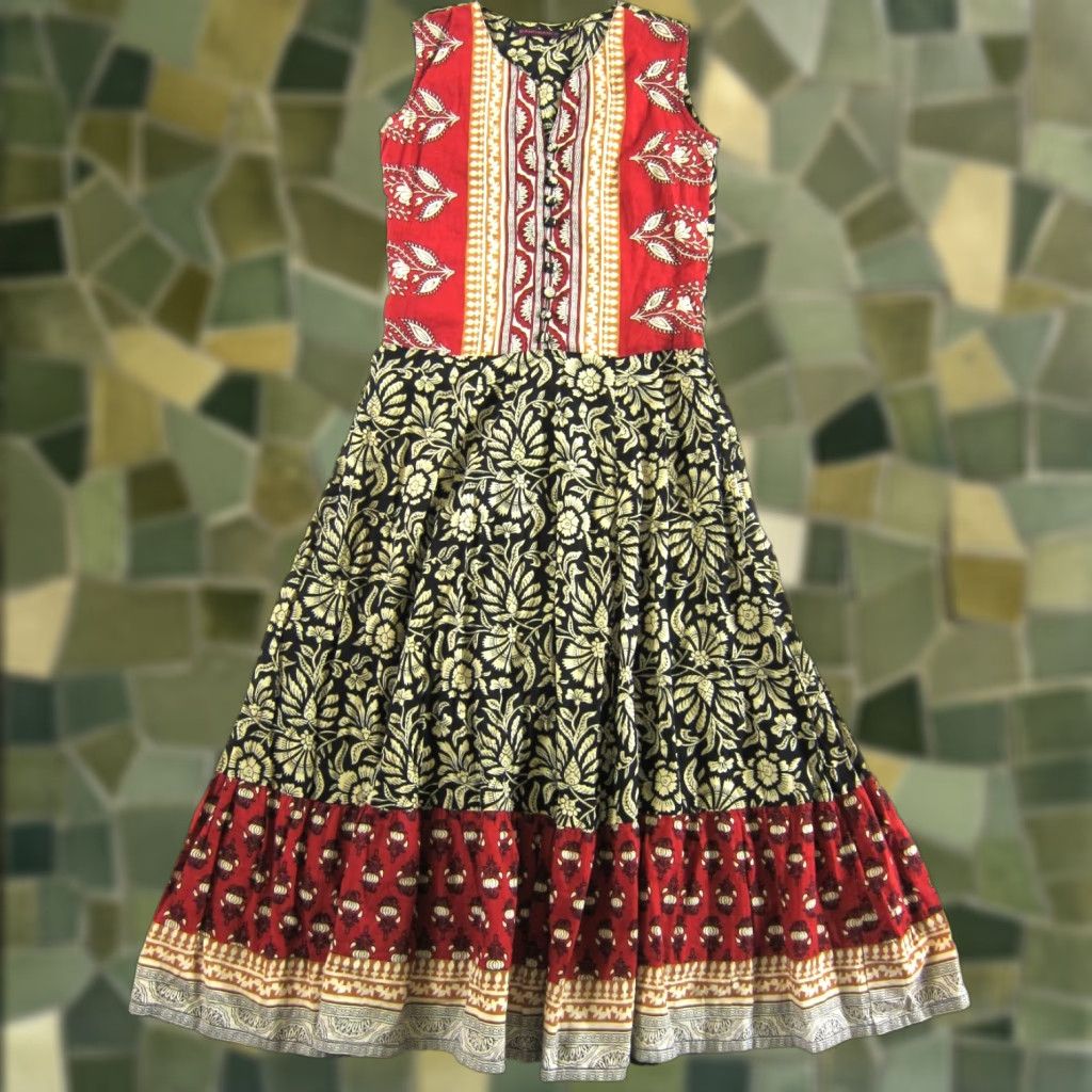 Vintage Rangmanch Cotton Red Yellow Black Floral Sleeveless Long Maxi Kurta Dress XS Size XS / US 0-2 / IT 36-38 - 1 Thumbnail