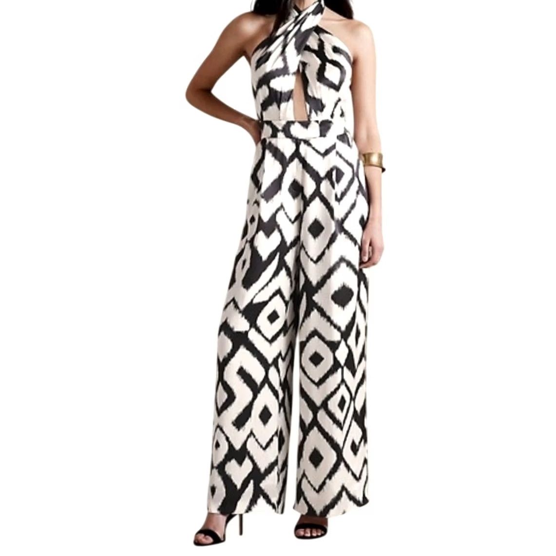 Banana Republic Banana Republic Silk Wide-Leg Jumpsuit Cream Black Ikat Print 6 Womens Party/Cocktail Geometric Sleeveless Wide-Leg"} Size 28" / US 6 / IT 42 - 2 Thumbnail