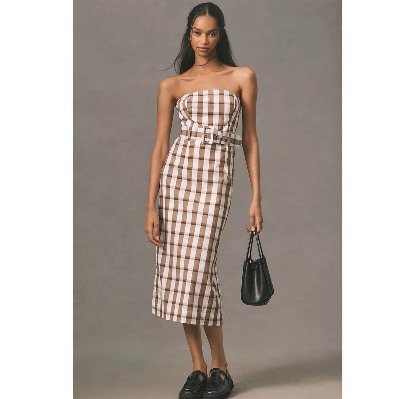 image of New Anthropologie Maeve Belted Square-Neck Plaid Dress $170 in Brown, Women's (Size XL)