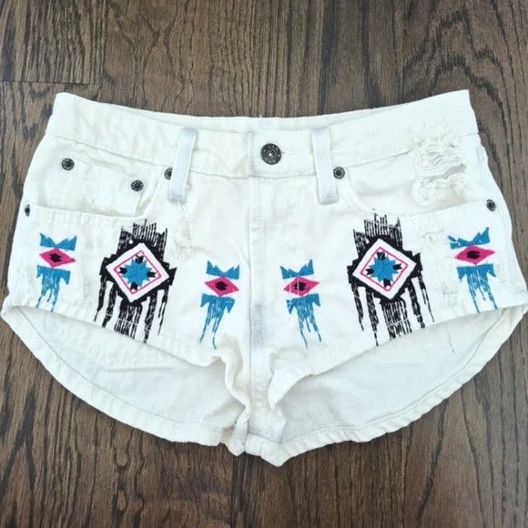 Vacation Carmar Aztec Rigid Denim Mini Shorts Distressed Embroidered Size 24" / US 00 / IT 34 - 5 Thumbnail