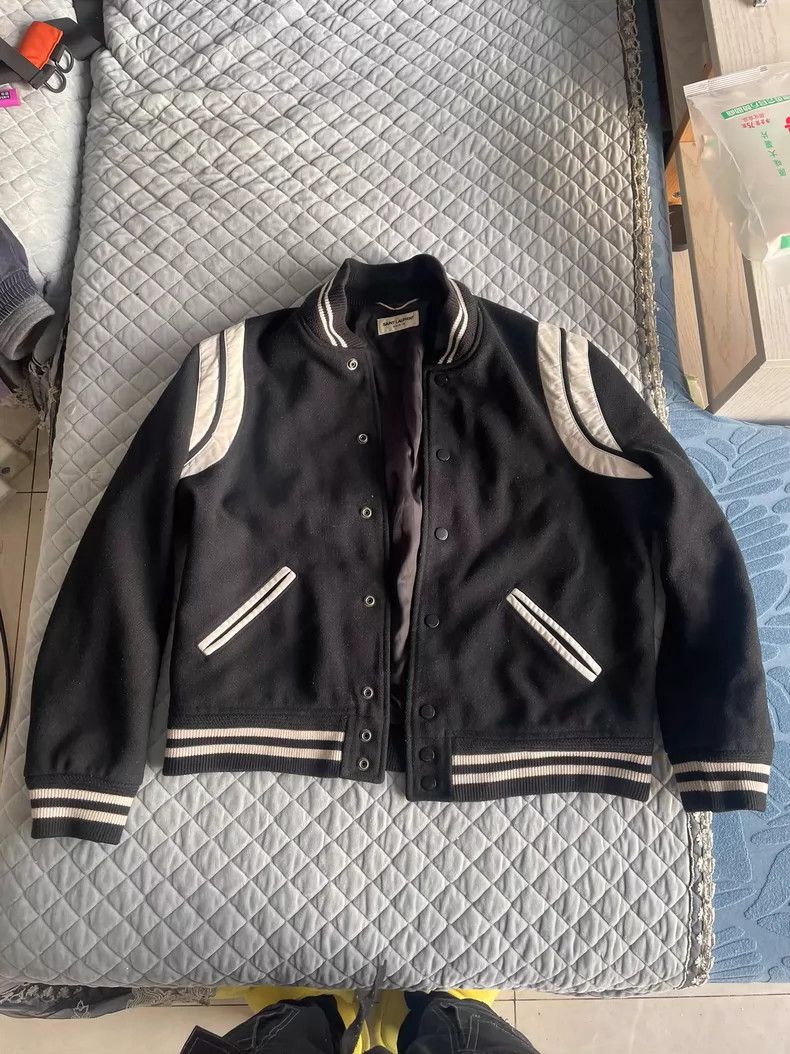 Saint Laurent Paris Saint Laurent Black Varsity Jacket with Stripes Size US M / EU 48-50 / 2 - 1 Thumbnail