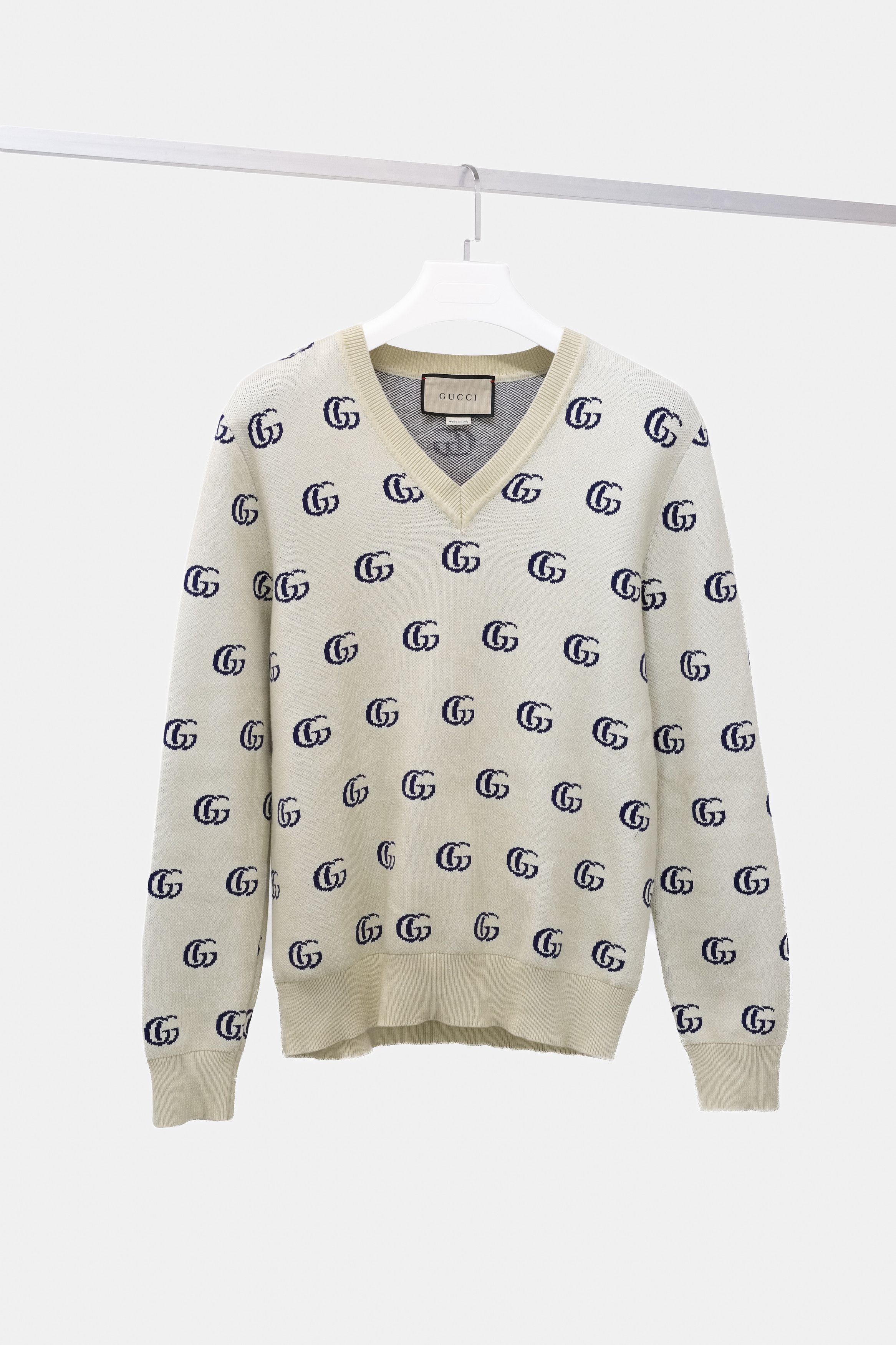 image of Gucci Cream Monogram GG Knit V-Neck Sweater, Men's (Size Small)