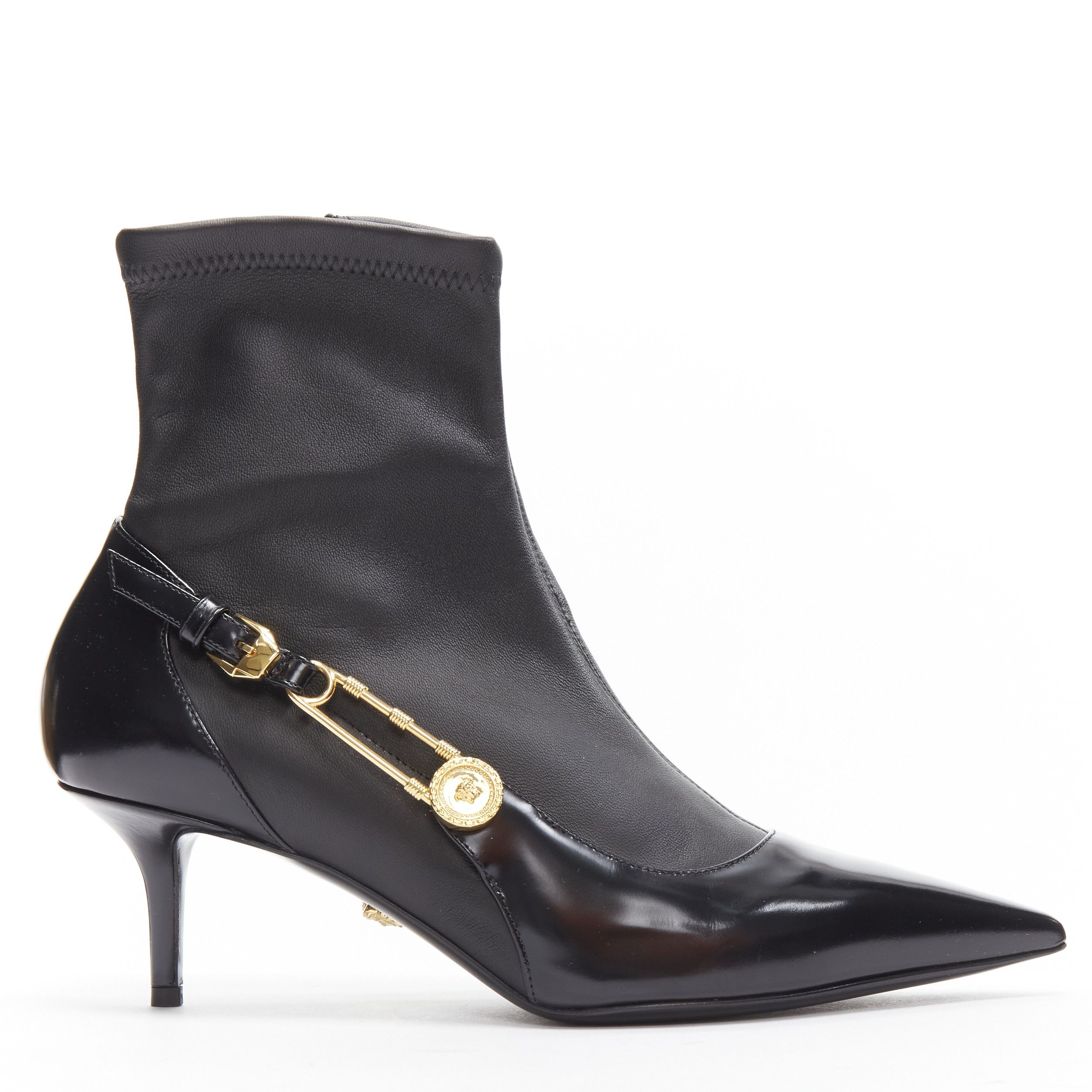 image of Versace Gold Medusa Punk Safety Pin Black Leather Kitten Heel Shoes Bootie Eu38, Women's