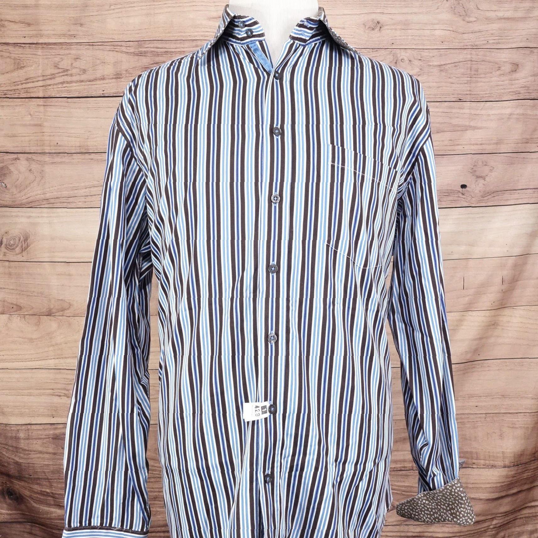 BUGATCHI VINTAGE Bugatchi Uomo Shirt Mens 2XL Long Sleeve Cotton Blue Brown Striped Business Casual Modern Fit Size US XXL / EU 58 / 5 - 3 Thumbnail
