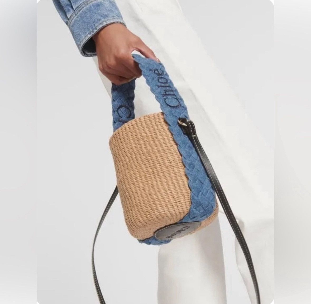 Chloe Small Basket Denim Bucket Bag W Shoulder Strap Woody in Blue, Women's