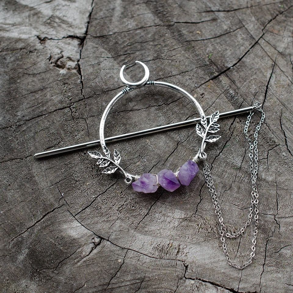 Jewelry Witch Crescent Moon Leaves Crystal Amethyst Tassels Hairclip Size ONE SIZE - 3 Thumbnail